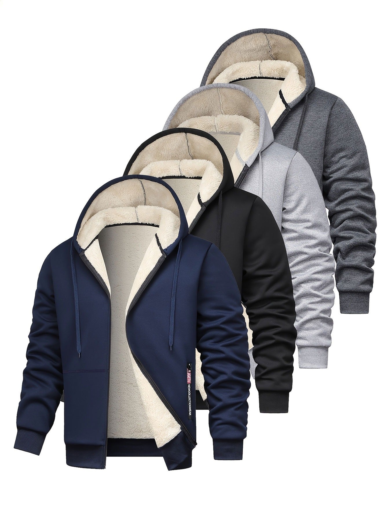 Men's solid color fleece hooded sweatshirt with thick warm fleece lining for winter, loose casual sports jacket in black, light gray, dark gray, and navy blue