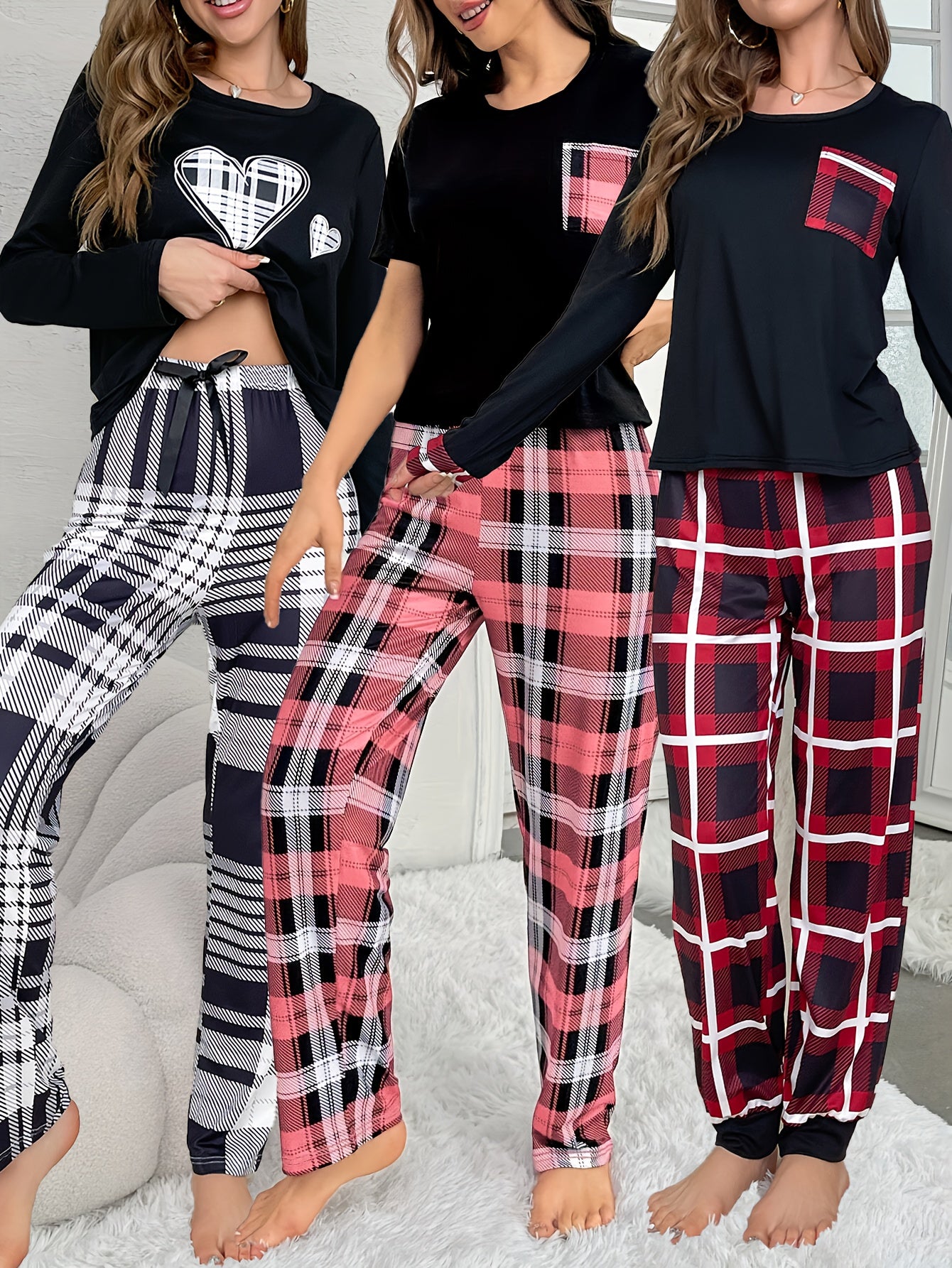 A New Six-Piece Casual Set for Women Featuring Heart-Shaped Printed Pockets, Long-Sleeve And Short-Sleeve Tops, Checkered Trousers, And Pajama Ensembles