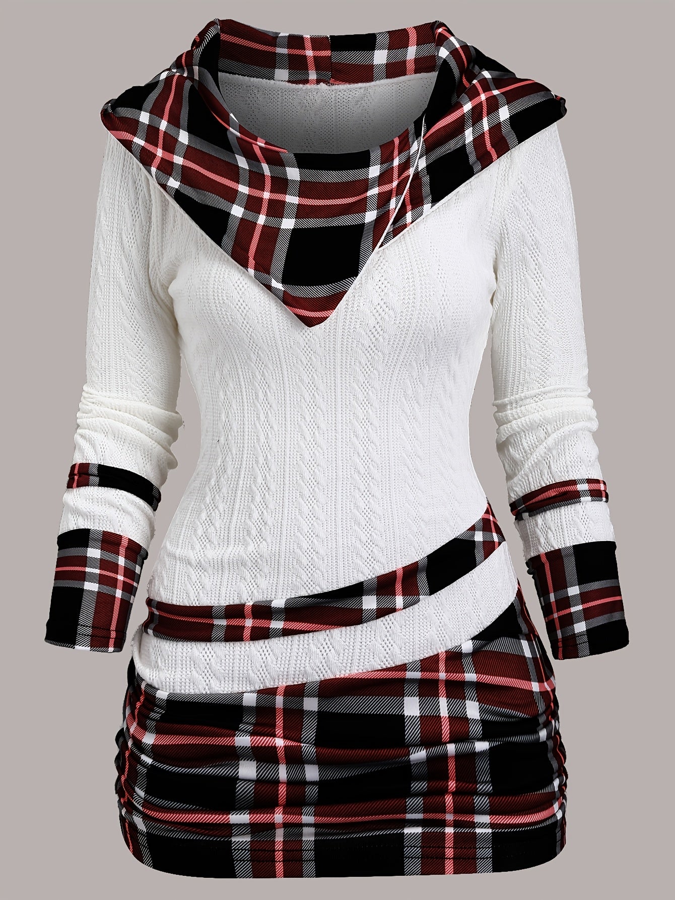 Plaid Texture Twill Patchwork Asymmetrical Collar Pleated Hooded Suit