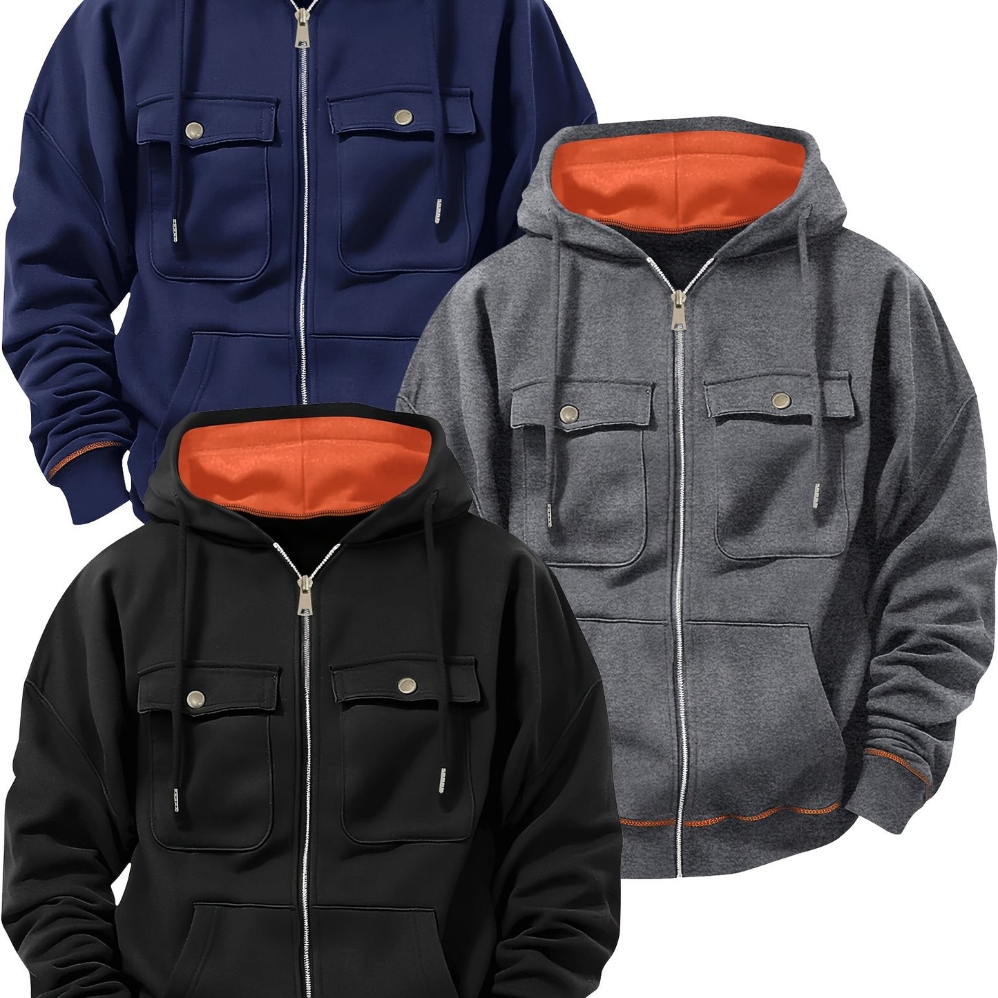 (Three-piece Set) Men's Fashion Classic Casual Trend Fitness Multi-pocket Hooded Drawstring Solid Color Zipper Cardigan Sweatshirt Three-piece Set