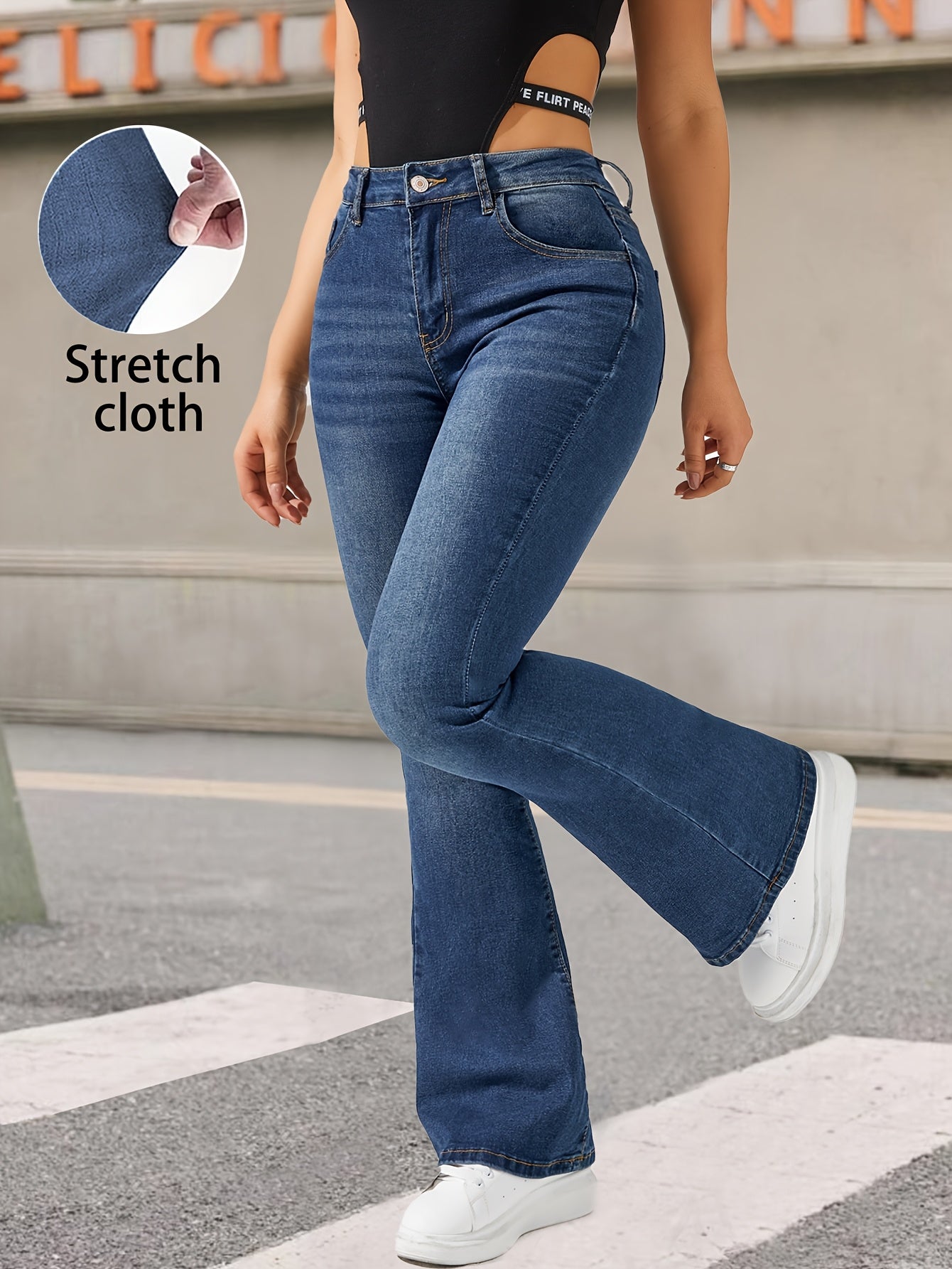 Fashionable And Versatile Blue High-Waisted Stretchy Flared Pants for Women with Cat Whiskers Design.