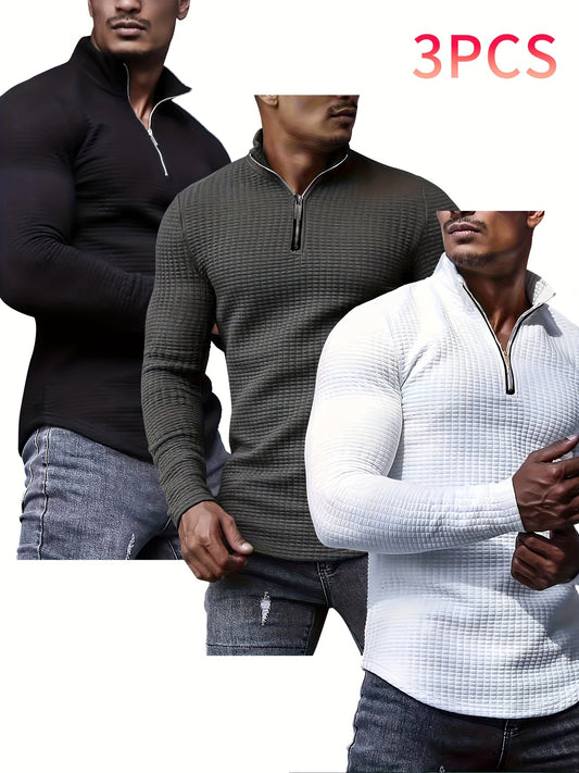 3pcs Men's Waffle Knit Zip-Up Collar Sweatshirts - Solid Color, Stretch Fabric, Machine Washable for Spring, Fall, and Winter