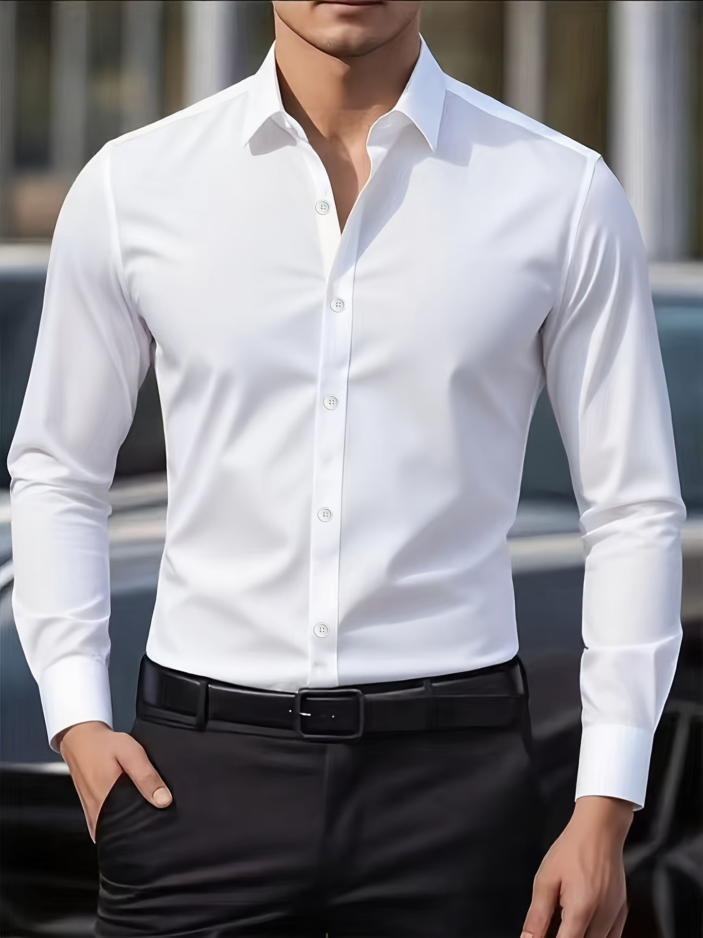 Men'S Formal & Business Casual Long Sleeve Shirt - Classic Point Collar Button-Up Blouse, Loose Fit Non-Stretch Fabric, All-Season Office & Everyday Formal Attire in Classic Colors (White, Brown, Black) - Easy Care Profession