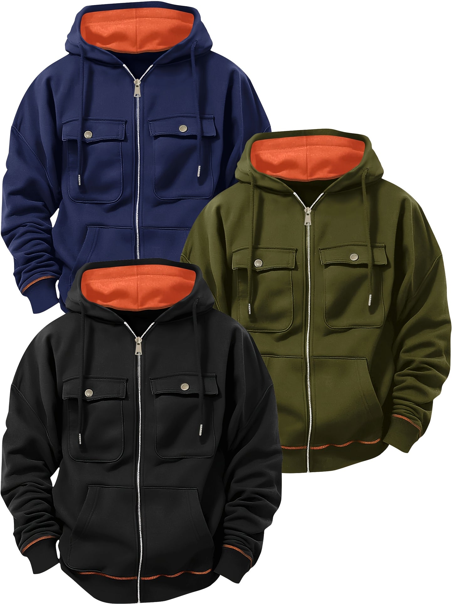 (Three-piece Set) Men's Fashion Classic Casual Trend Fitness Multi-pocket Hooded Drawstring Solid Color Zipper Cardigan Sweatshirt Three-piece Set