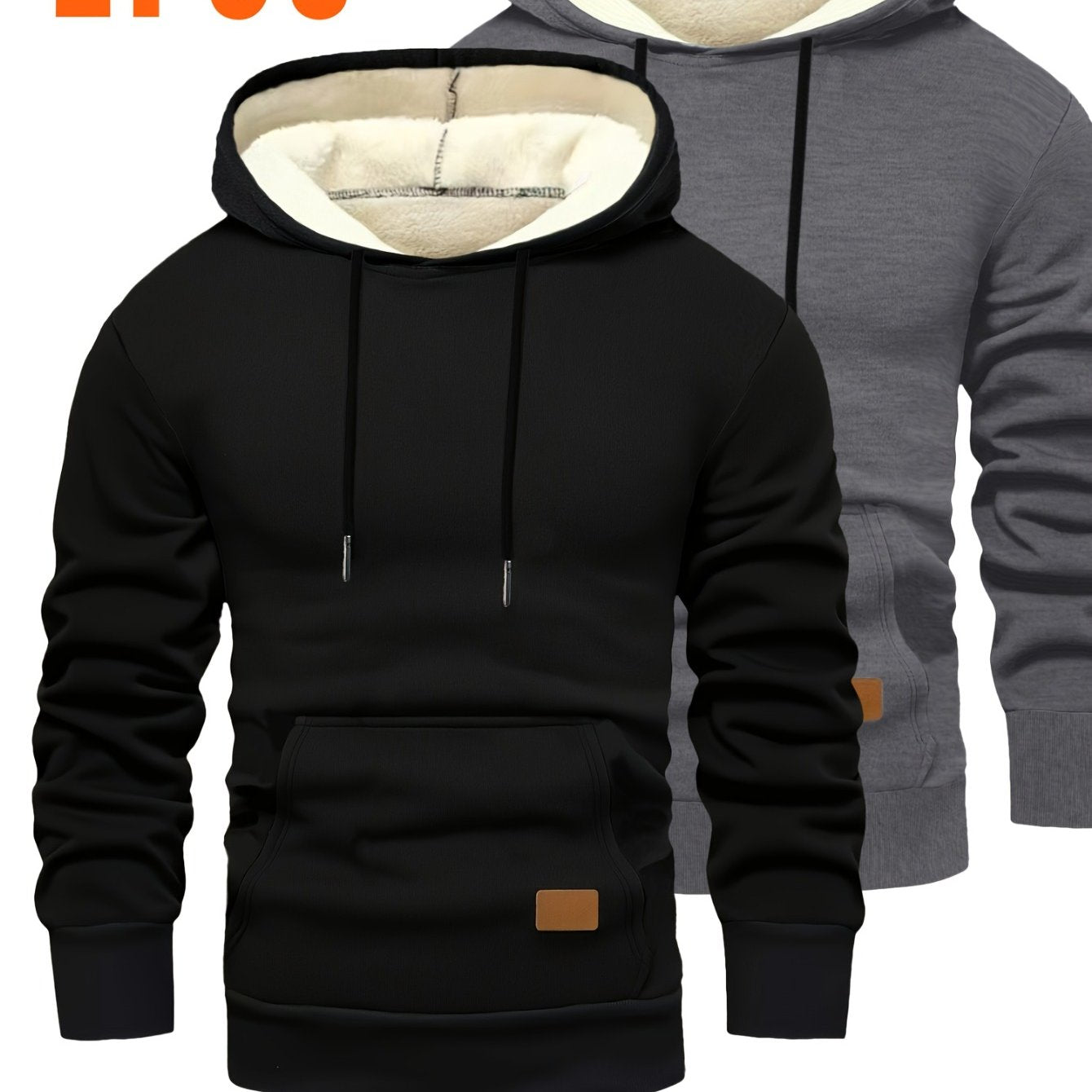 2pcs Men'S Hooded Sweaters - Pullover Hoodies with Kangaroo Pocket, Machine Washable Loose Fit Casual & Formal Wear, Black & Grey/White Solid Color Layering Essentials for Autumn/Winter, Warm Full-Zip Hooded Sweater for Daily