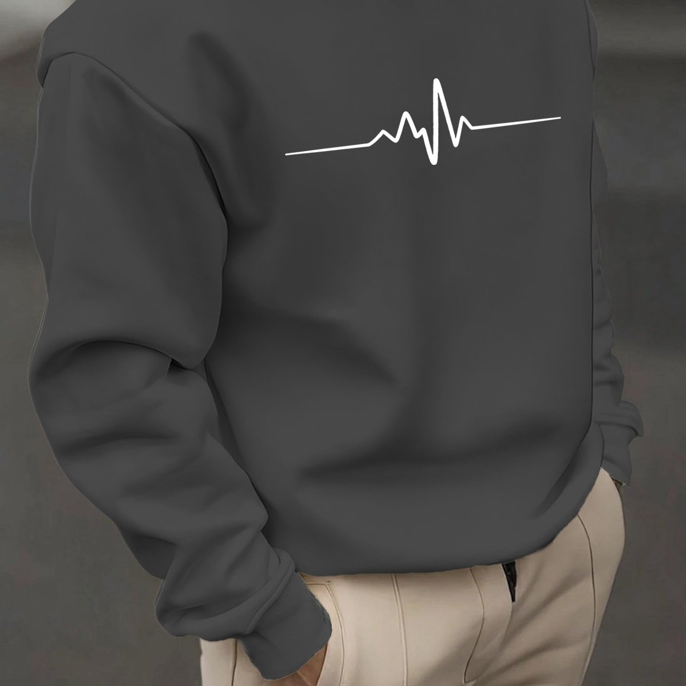 Men's Crewneck Sweatshirt - Dark Charcoal Gray with Heartbeat Graphic, Stretchy Long Sleeve Pullover for Everyday & Formal Wear, Machine Washable Winter Sweater for Cool Weather Layering, Cute Sweatshirts