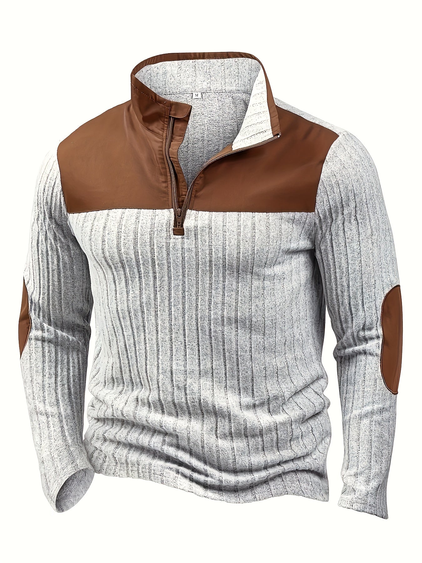 Men's Heavy-Duty Half-Zip Winter Jacket with Contrast Brown & White Collar - Warm Coat for Skiing,, Casual Outdoor Wear - Machine Washable (Brown/Beige) - Regular Fit Long Sleeve Zippered Outerwear