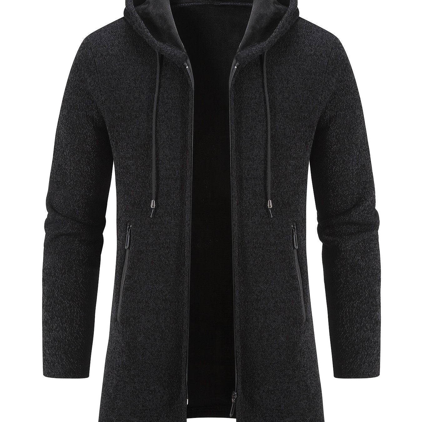 Men'S Fleece-Like Warmth Hooded Cardigan Jacket - Mid-Length Zipper Front Windbreaker Coat with Full-Zip Closure, Loose Fit Long Sleeve Winter Outerwear, Polyester Shell & Pockets for Casual & Semi-Formal Outfits (Autumn/Wint