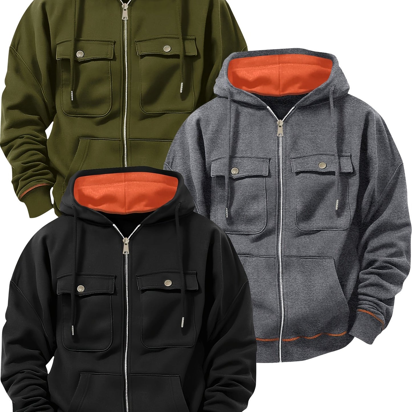 (Three-piece Set) Men's Fashion Classic Casual Trend Fitness Multi-pocket Hooded Drawstring Solid Color Zipper Cardigan Sweatshirt Three-piece Set