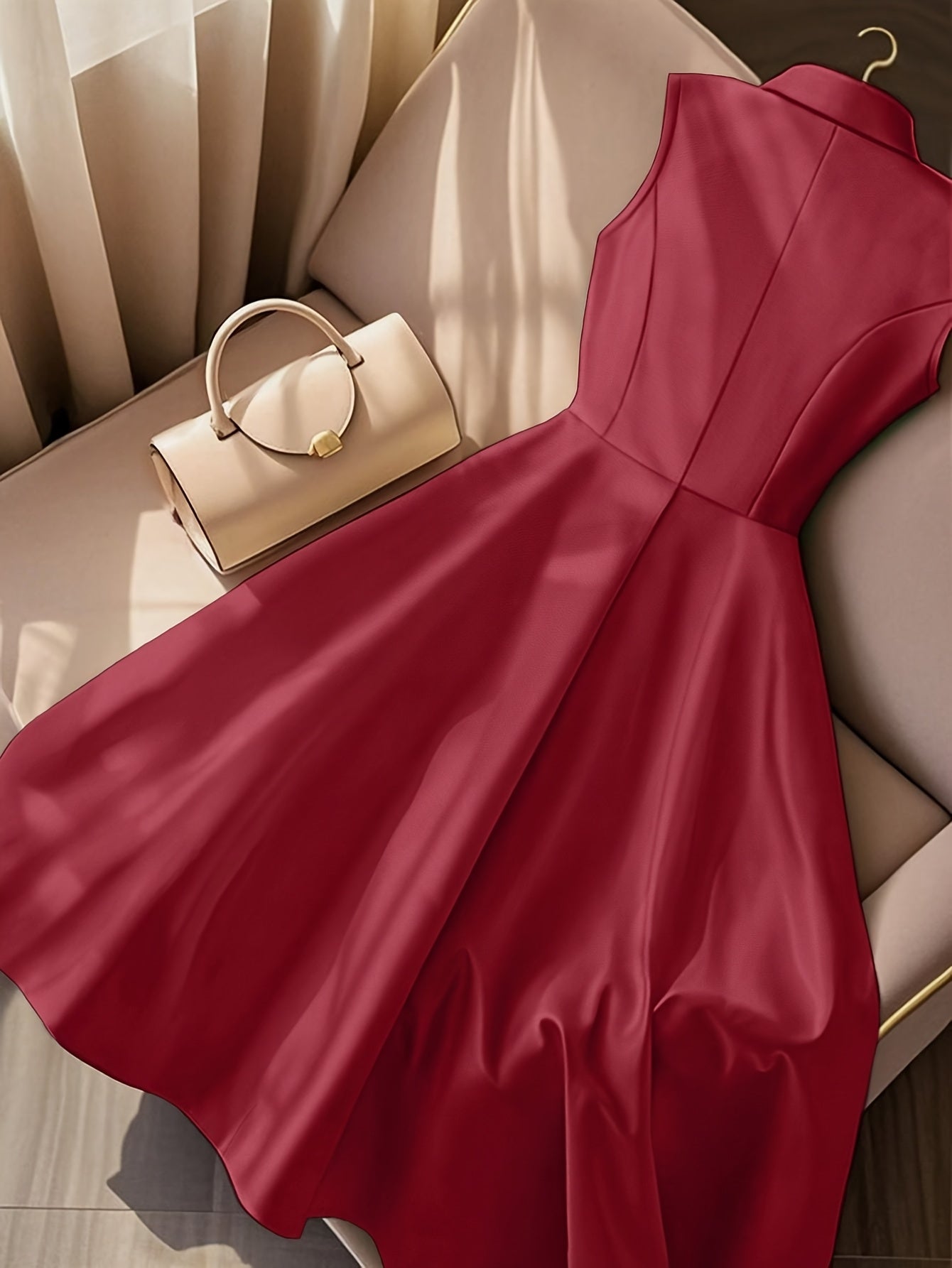 Women's Elegant Slim Fit Sleeveless V-Neckdress - Button-Up Front, Non-Stretchy Formal & Casual Outfit for Office, Party, Vacation - Machine Washable Women's Clothing, Party Attire, Timeless Fashion Piece, Smooth Fabric Finis