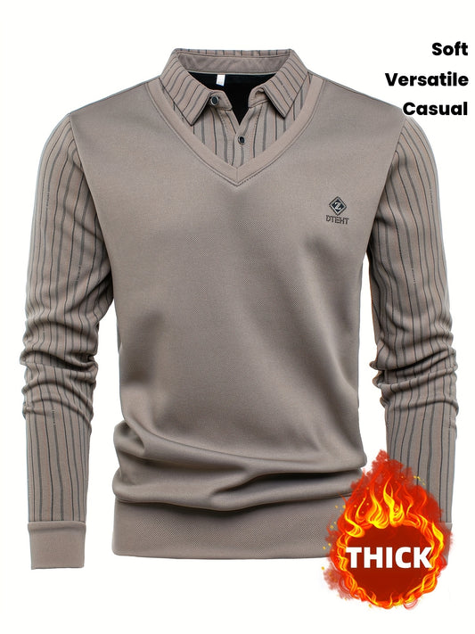 New Autumn And Winter Plush Men'S Long-Sleeved Fake Two-Piece Vest Design, Diamond-Shaped Decorative Stickers on The Chest, Pinstripe Lining, Soft And Warm for Daily Travel, Casual And Versatile, Light Business Fashion Lapel