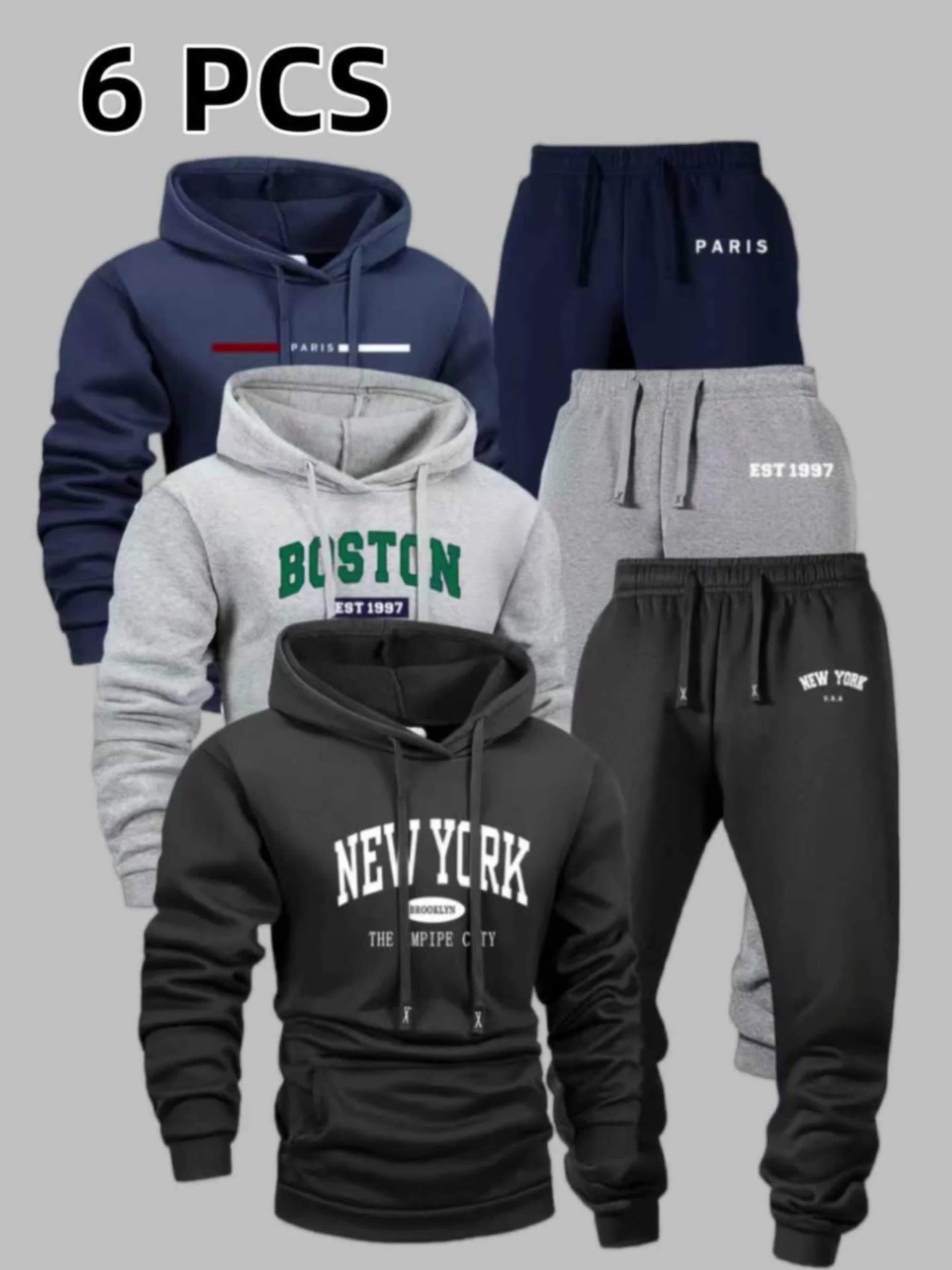 6pcs Men's Sportswear And Pants Set, Fashionable Street Style City Name Printed Sportswear for Autumn And Winter Outdoor Fitness Jogging Casual Wear, Soft, Warm And Comfortable Hooded Shirt And Pants|Men's Set.