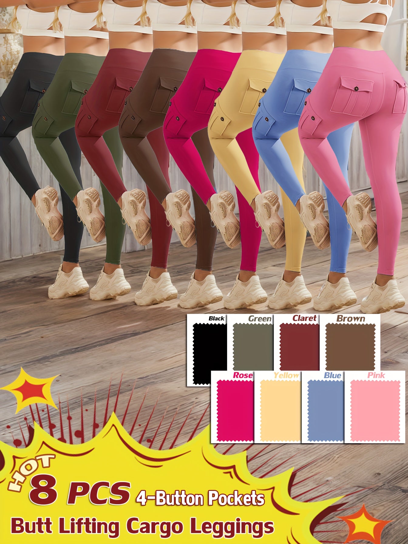8-pack High Waist Yoga Leggings, 8pcs Leggings Set, 4 Way Stretch, Butt Lifting Tummy Control, 4 Button Pockets Workout Running Sports Pants