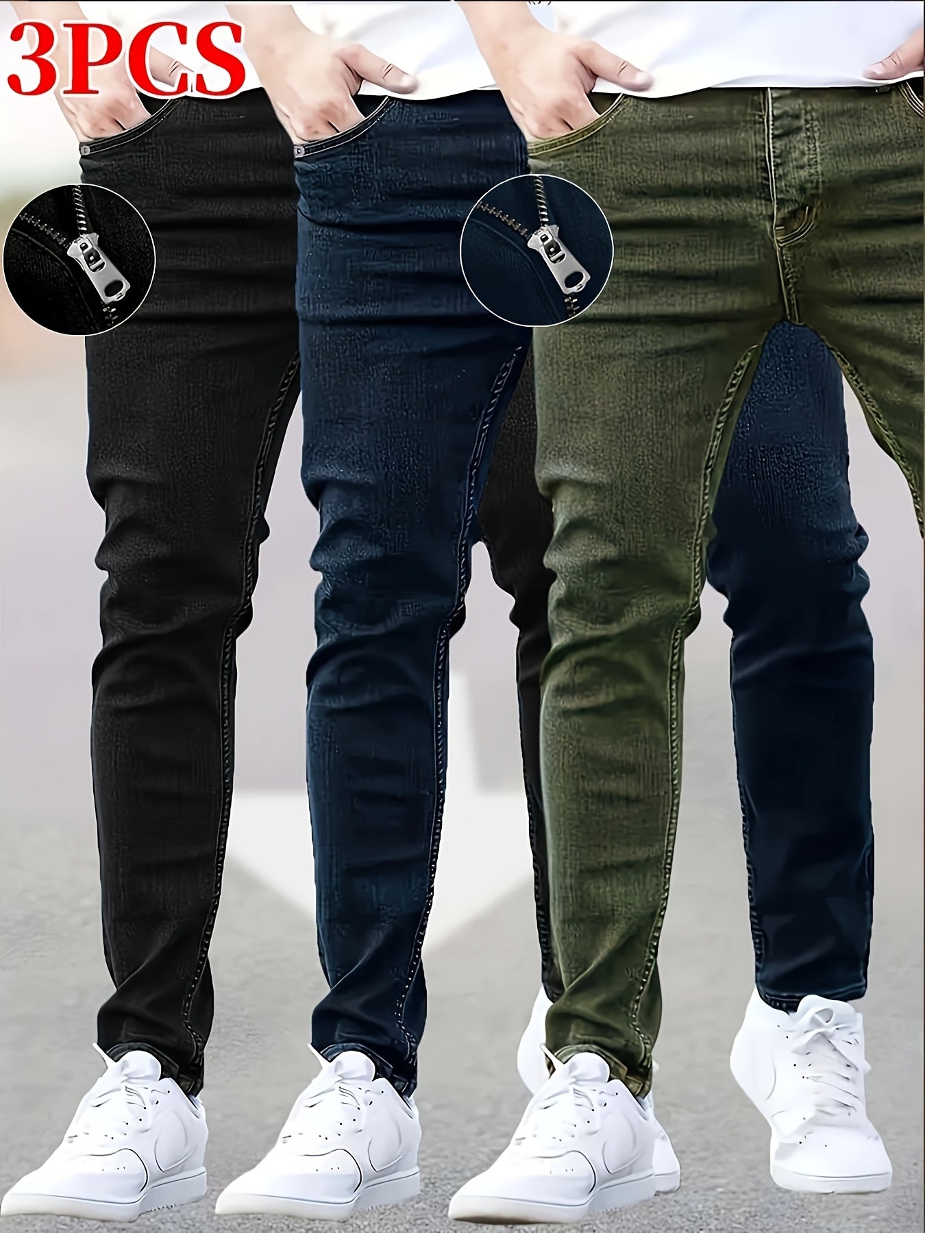 3 Packs - Cost-effective Men's Jeans - Street Style Trendy Slim Fit Men's Jeans - Wearable In All Seasons, Casual Wear Bottoms, Daily Outfit Essential, Regular Length Jeans, Solid Color Jeans, Street Style Enthusiasts, Budget