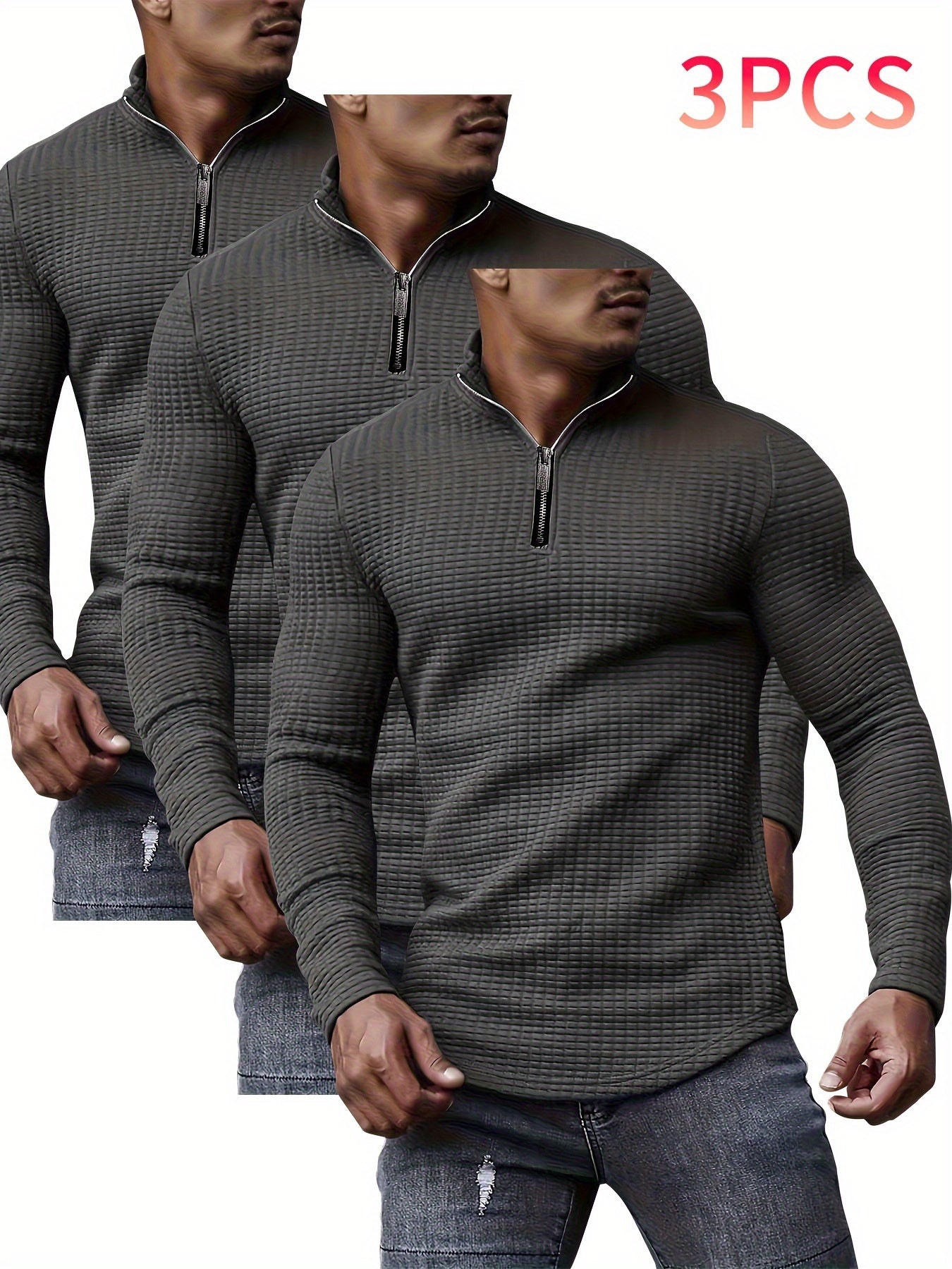 3pcs Men's Waffle Knit Zip-Up Collar Sweatshirts - Solid Color, Stretch Fabric, Machine Washable for Spring, Fall, and Winter