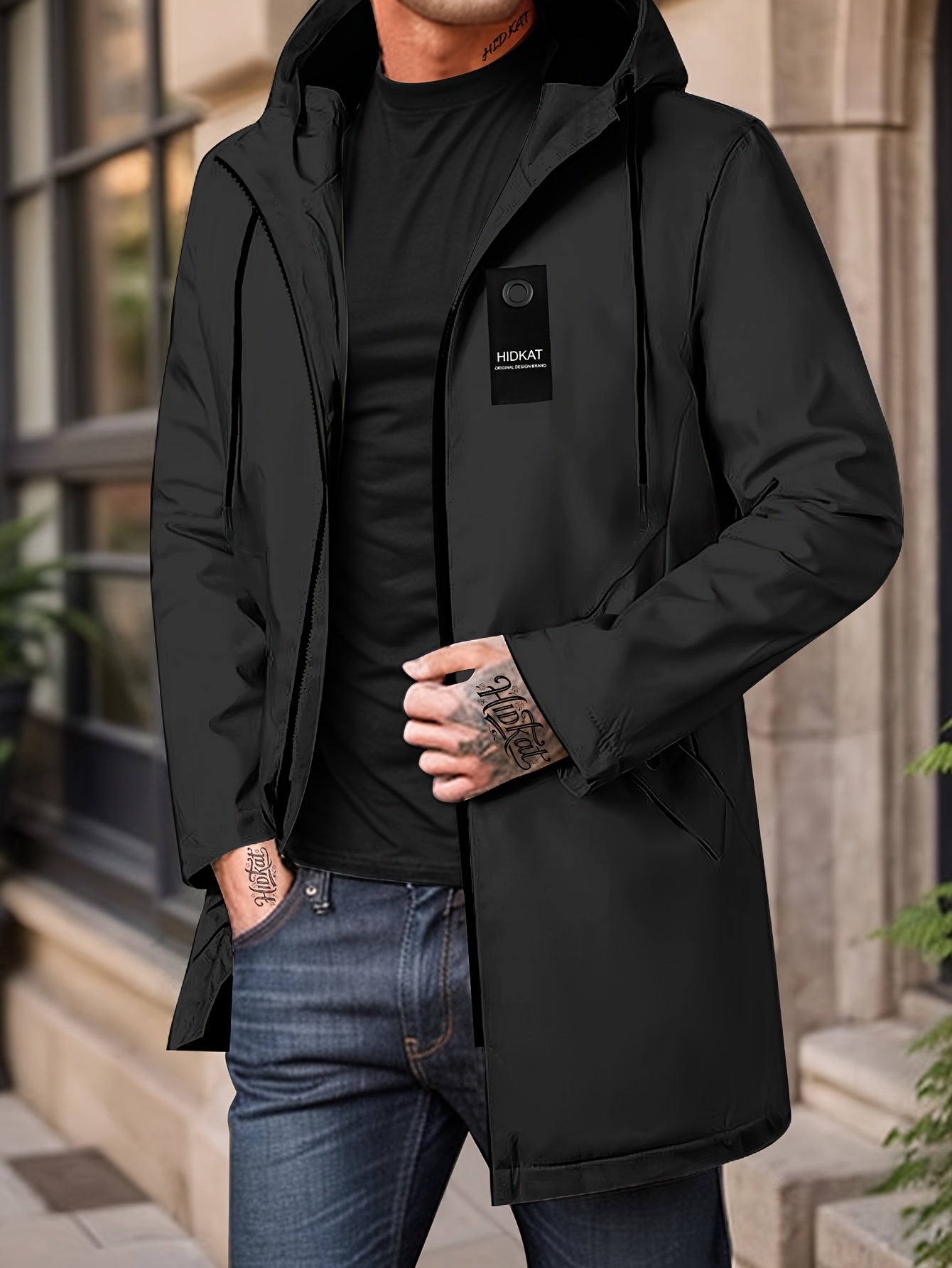 Men'S Lightweight Hooded Jacket with Full-Zip Closure & Drawstring Hood - Softshell Casual Coat, Zippered Pockets, Polyester Lining - Spring/Fall Outerwear for Everyday & Semi-Formal Wear (Black, Minimalist Design), Lightweig