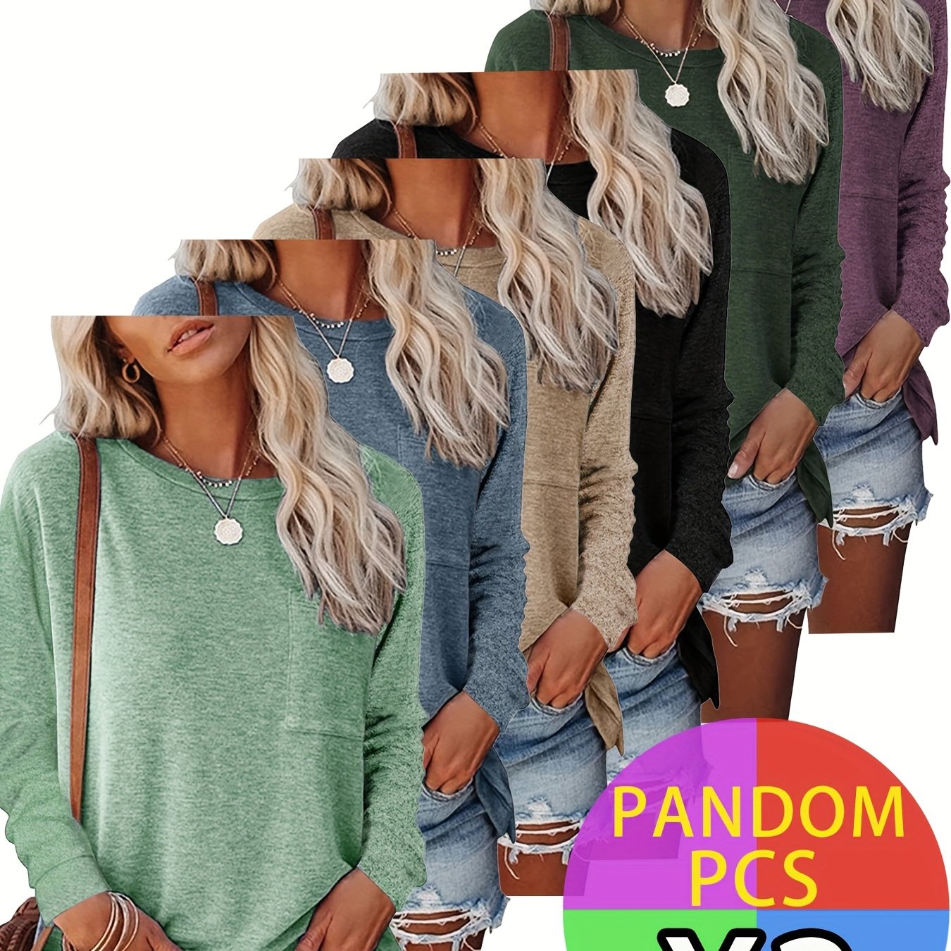 3pcs Women'S Soft Long Sleeve T-Shirts with Chest Pocket & Hem Slit - Tightened Cuffs, Round Neck, 3 Random Colors (Green/Navy) - Versatile Casual & Semi-Formal Tops for Commuting, Office & Casual Attire - Breathable Comforta