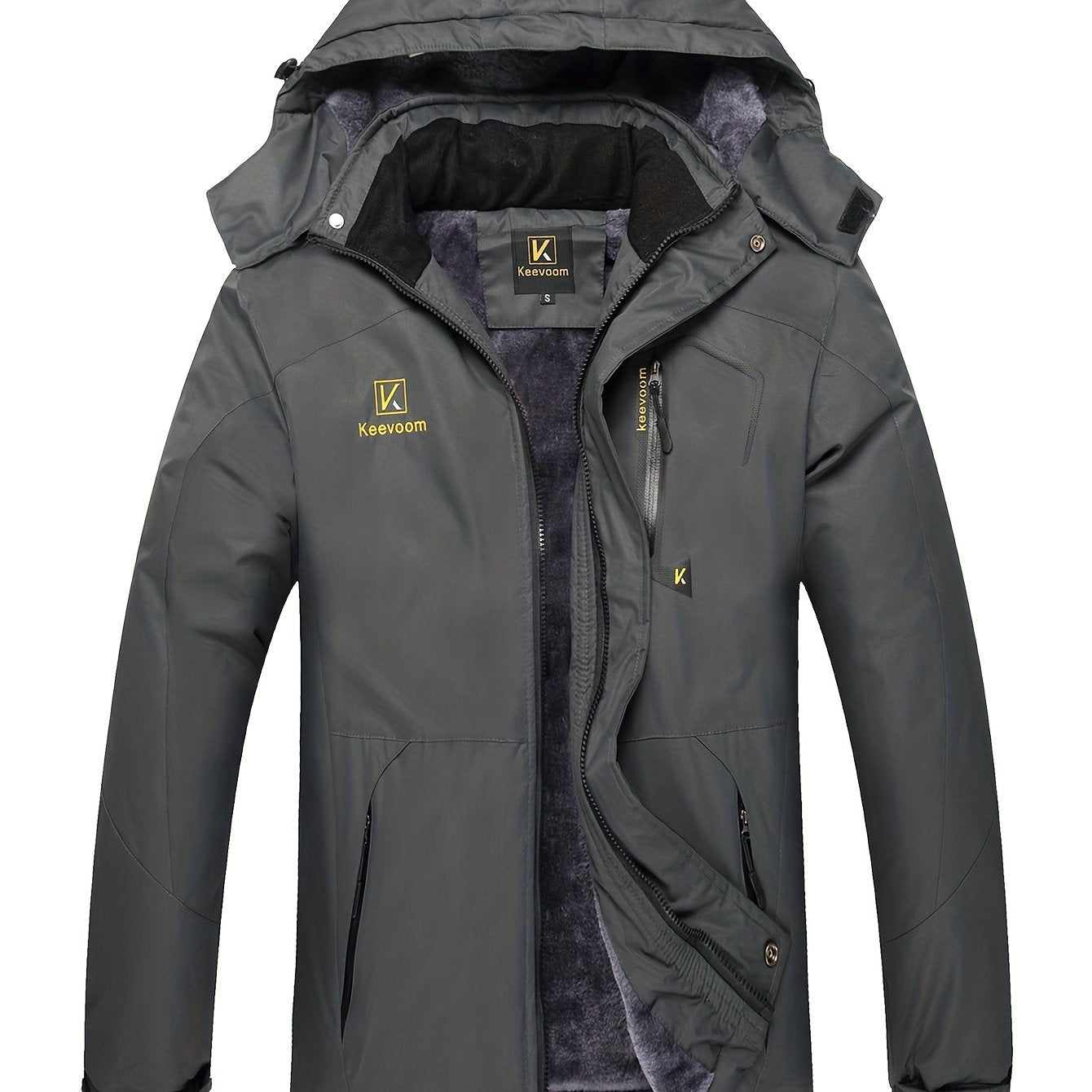 Keevoom Men's Fleece-Lined Jacket Hooded High Quality Windproof Shell Coat with Full-Zip, Hood & Pockets - Loose Fit Winter Sports Gear for Skiing, Snowboarding, (Grey) - Machine Washable, Winter Jacket For Women, Winter Jack