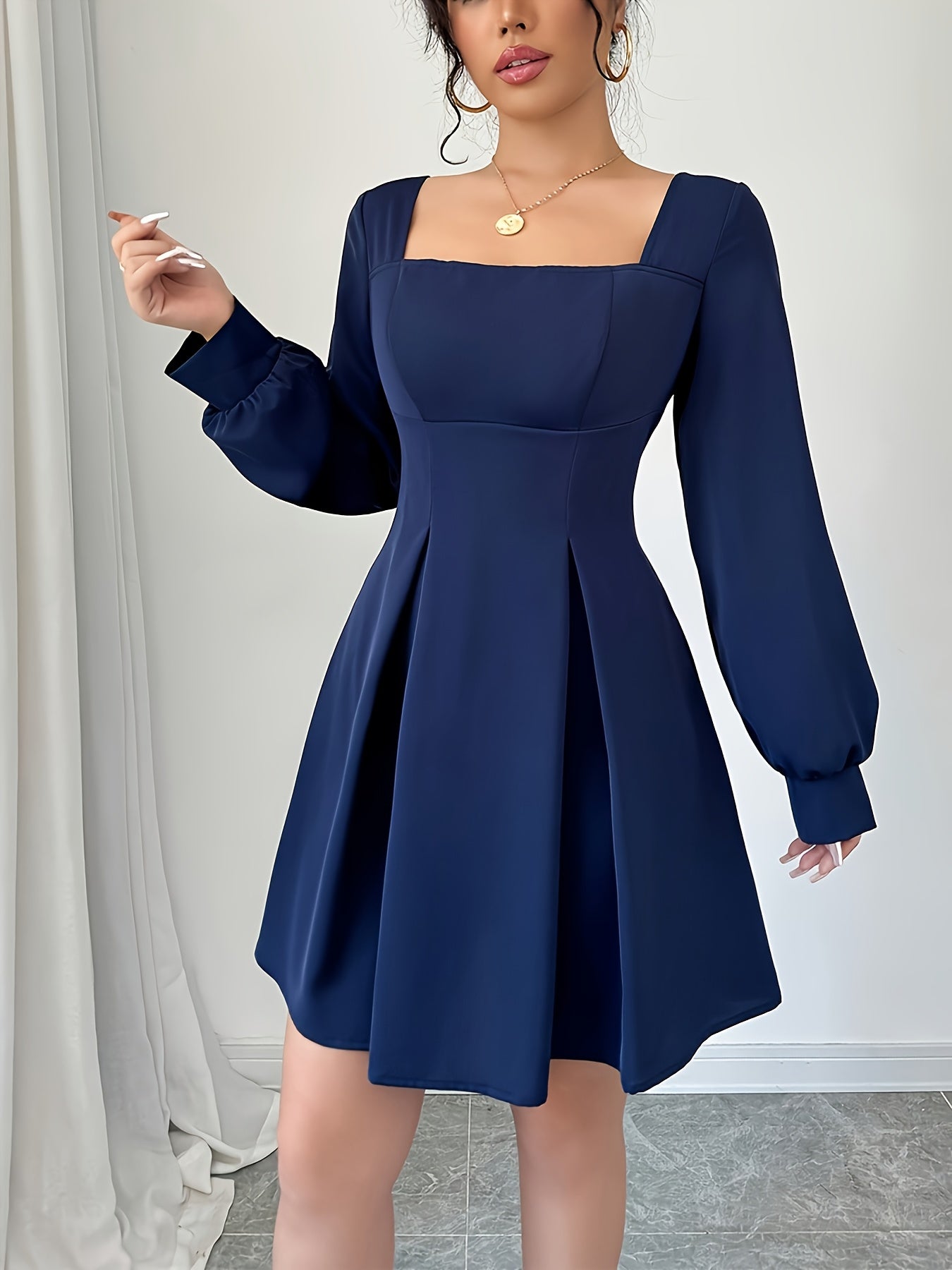 Women'S Elegant Navy Blue Formal & casual dress - Long Sleeve A-Line mini with Square Neck, Cinched Waist, Flared skirt, Zipper Back Closure - Party, Office, Everyday Outfits - Fall/Winter Women'S Clothing, Party Attire, Soph