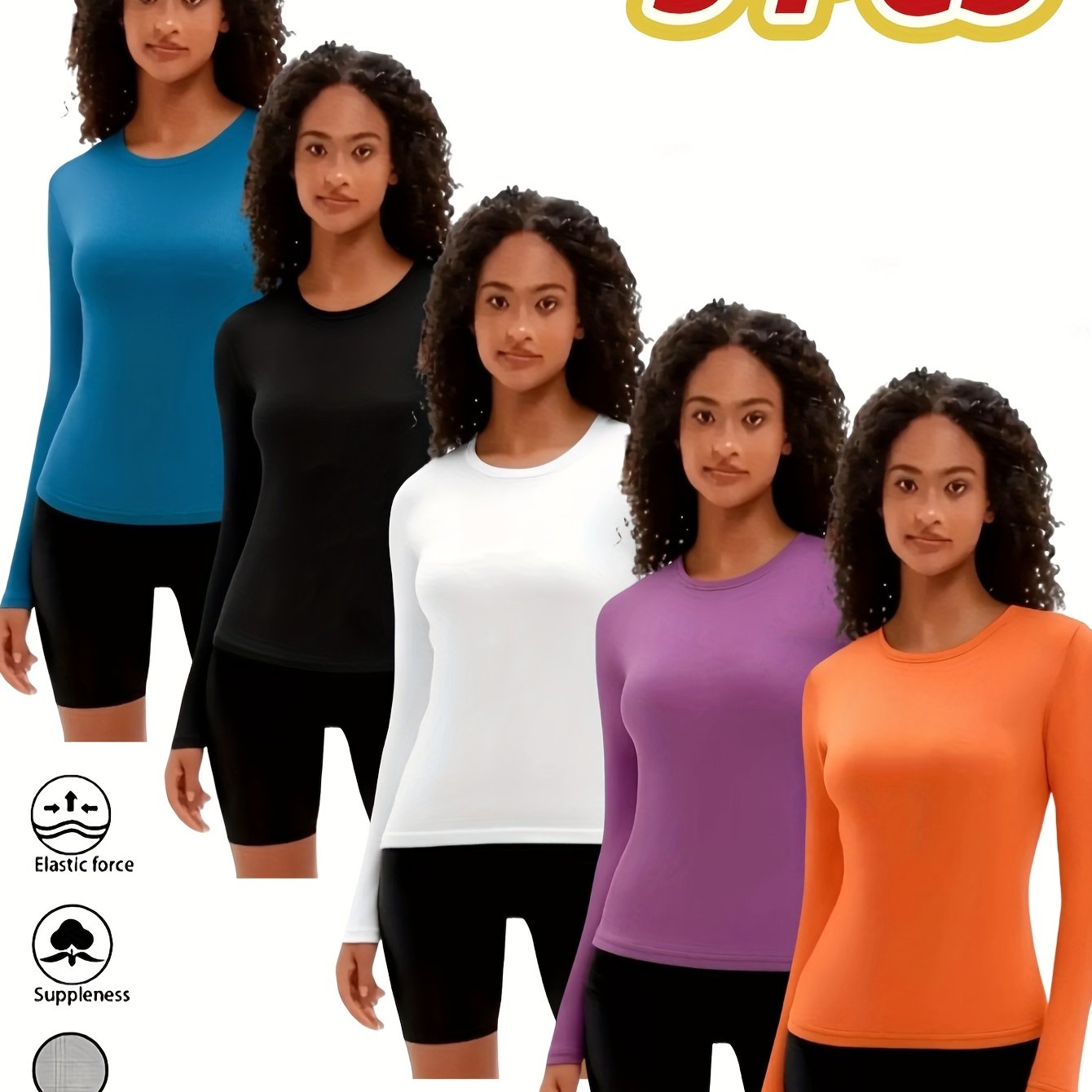 5pcs Women'S Long Sleeve T-Shirts - 100%, V-Neck, Medium Stretch, Moisture-Wicking & Breathable, Five Color Options For, Outdoor - Fall/Winter Collection, Shirts, Wear, Solid Color Top, Breathable Fabric