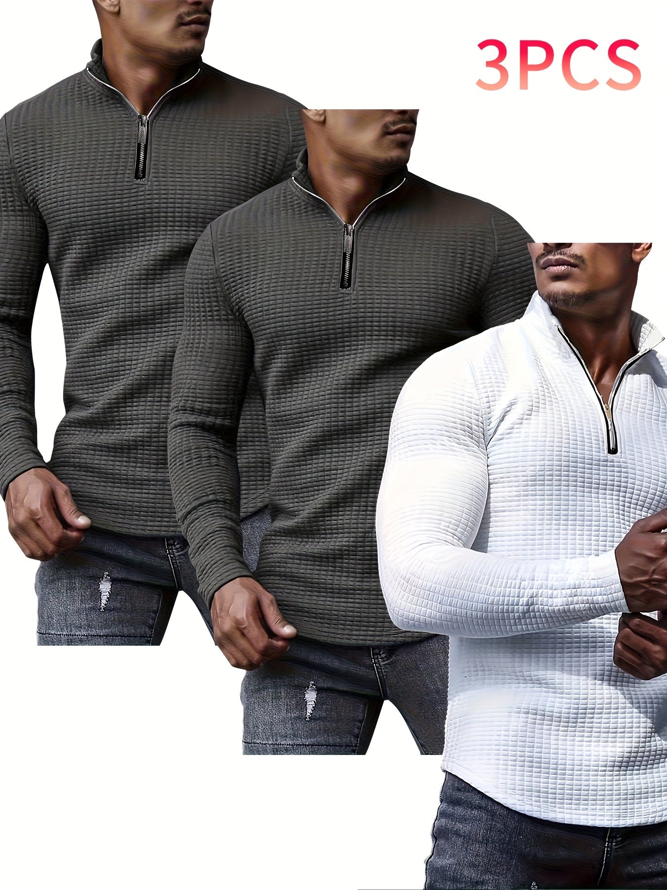 3pcs Men's Waffle Knit Zip-Up Collar Sweatshirts - Solid Color, Stretch Fabric, Machine Washable for Spring, Fall, and Winter