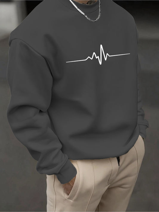 Men's Crewneck Sweatshirt - Dark Charcoal Gray with Heartbeat Graphic, Stretchy Long Sleeve Pullover for Everyday & Formal Wear, Machine Washable Winter Sweater for Cool Weather Layering, Cute Sweatshirts
