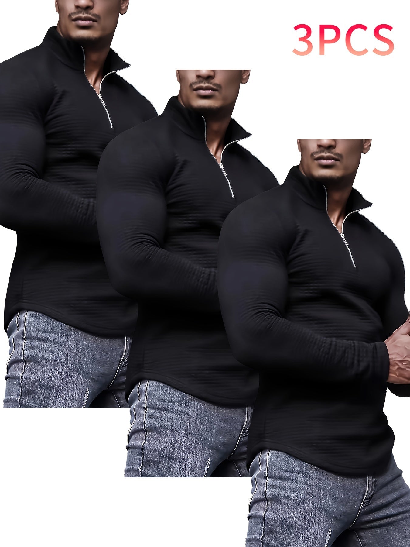 3pcs Men's Waffle Knit Zip-Up Collar Sweatshirts - Solid Color, Stretch Fabric, Machine Washable for Spring, Fall, and Winter