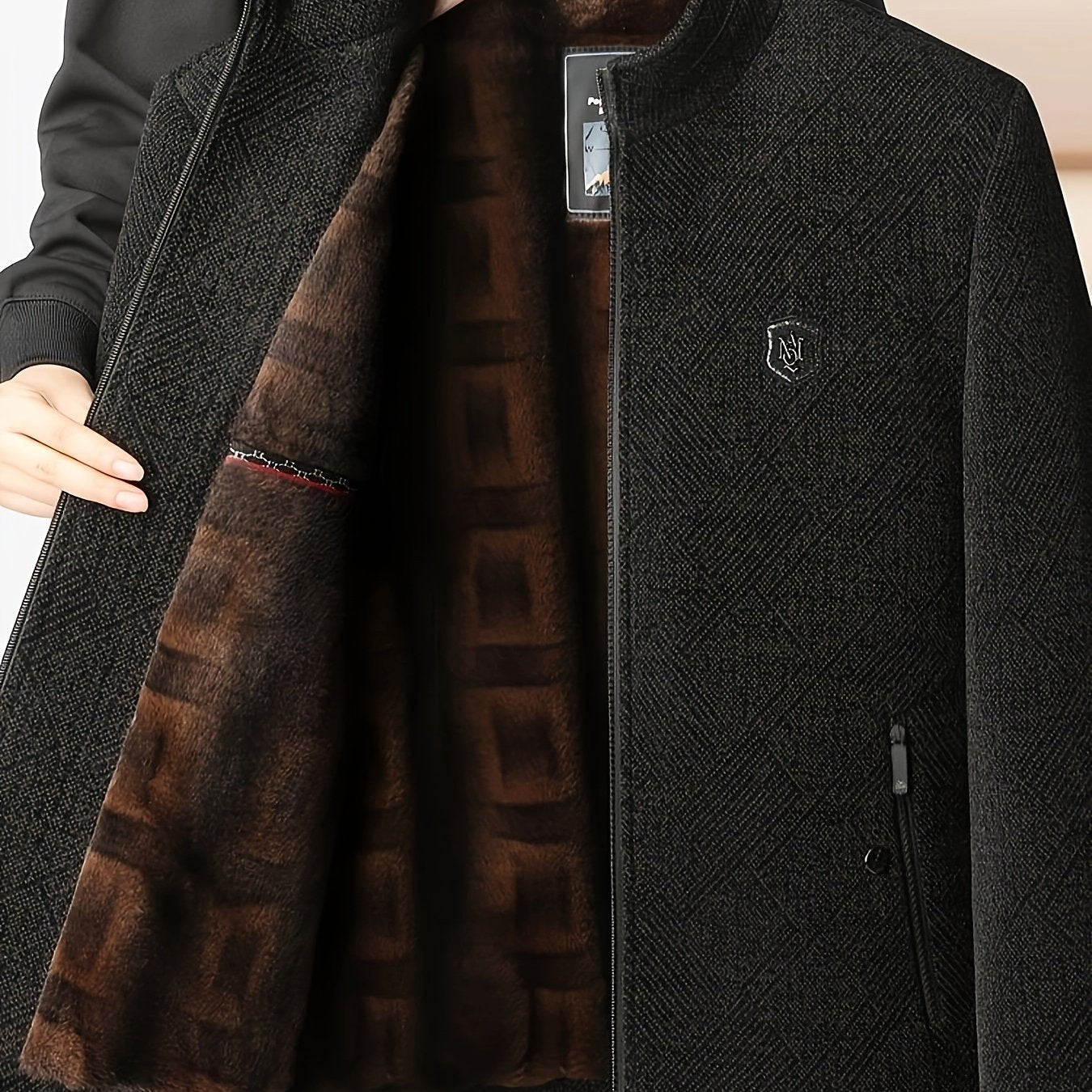 [OBM Winter Coat for Mature Men] Lisen Men's Winter Luxury Plush Jacket - Full-Zip Stand Collar Coat, Black/Brown/Beige Interior, Golden-Tone Logo, Hand Washable Soft Outerwear for Cold Weather & Formal/Casual