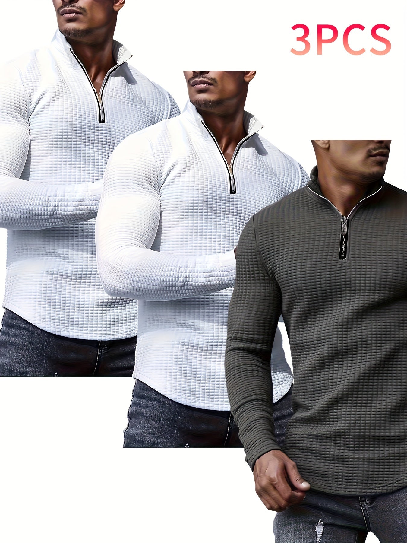 3pcs Men's Waffle Knit Zip-Up Collar Sweatshirts - Solid Color, Stretch Fabric, Machine Washable for Spring, Fall, and Winter