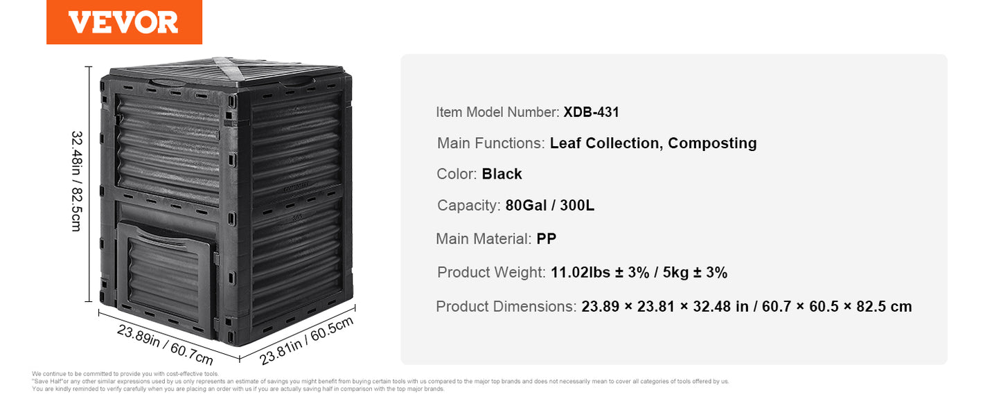 VEVOR Garden Compost Bin Large Capacity 80 Gallon BPA Free Outdoor Composter with Top Lid and Bottom Door Black