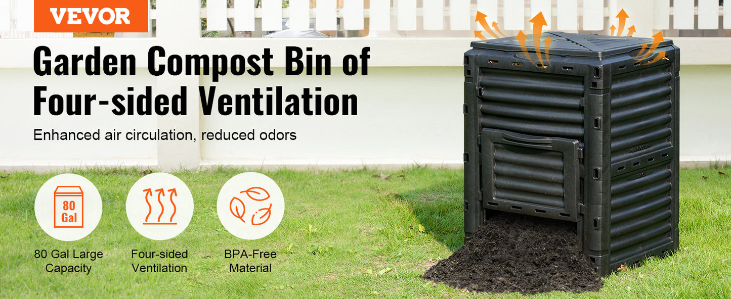VEVOR Garden Compost Bin Large Capacity 80 Gallon BPA Free Outdoor Composter with Top Lid and Bottom Door Black