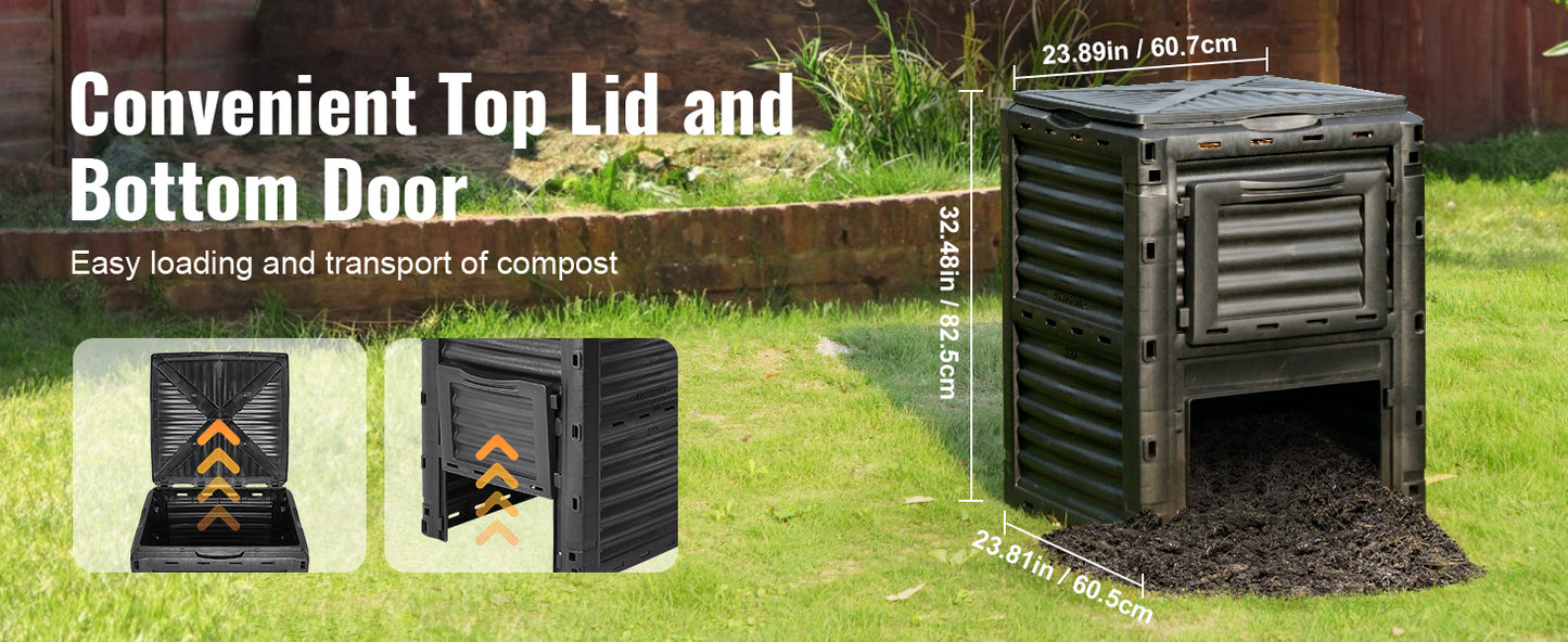 VEVOR Garden Compost Bin Large Capacity 80 Gallon BPA Free Outdoor Composter with Top Lid and Bottom Door Black