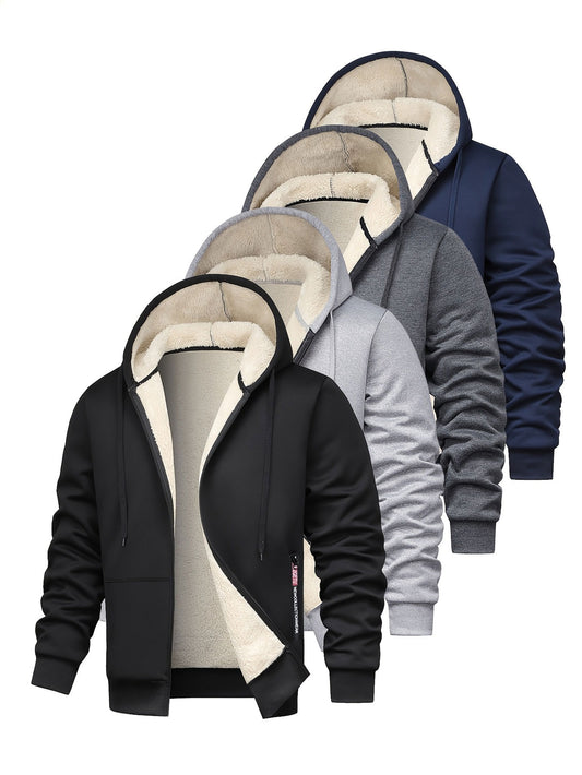 Men's solid color fleece hooded sweatshirt with thick warm fleece lining for winter, loose casual sports jacket in black, light gray, dark gray, and navy blue