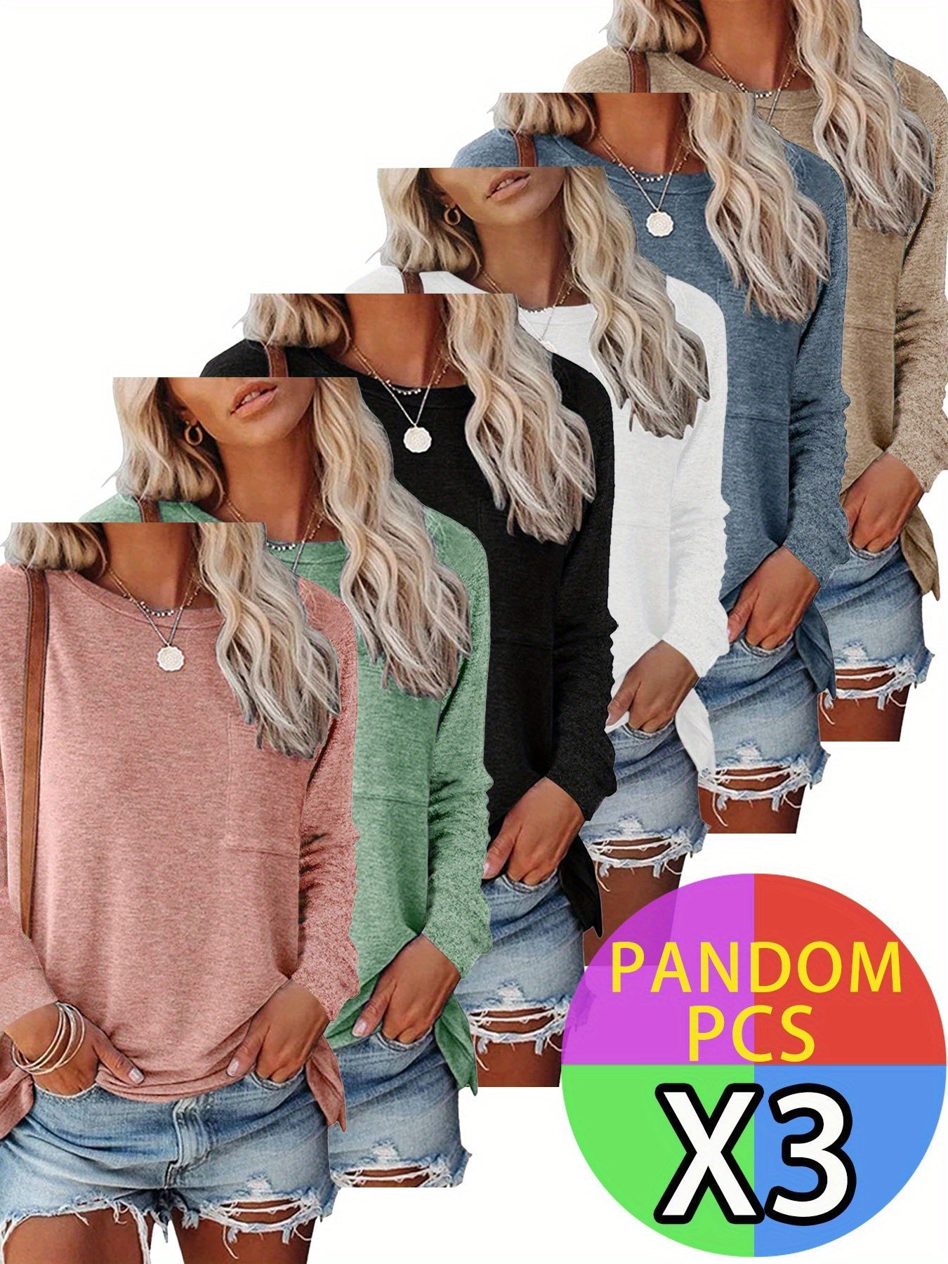 3pcs Women'S Soft Long Sleeve T-Shirts with Chest Pocket & Hem Slit - Tightened Cuffs, Round Neck, 3 Random Colors (Green/Navy) - Versatile Casual & Semi-Formal Tops for Commuting, Office & Casual Attire - Breathable Comforta