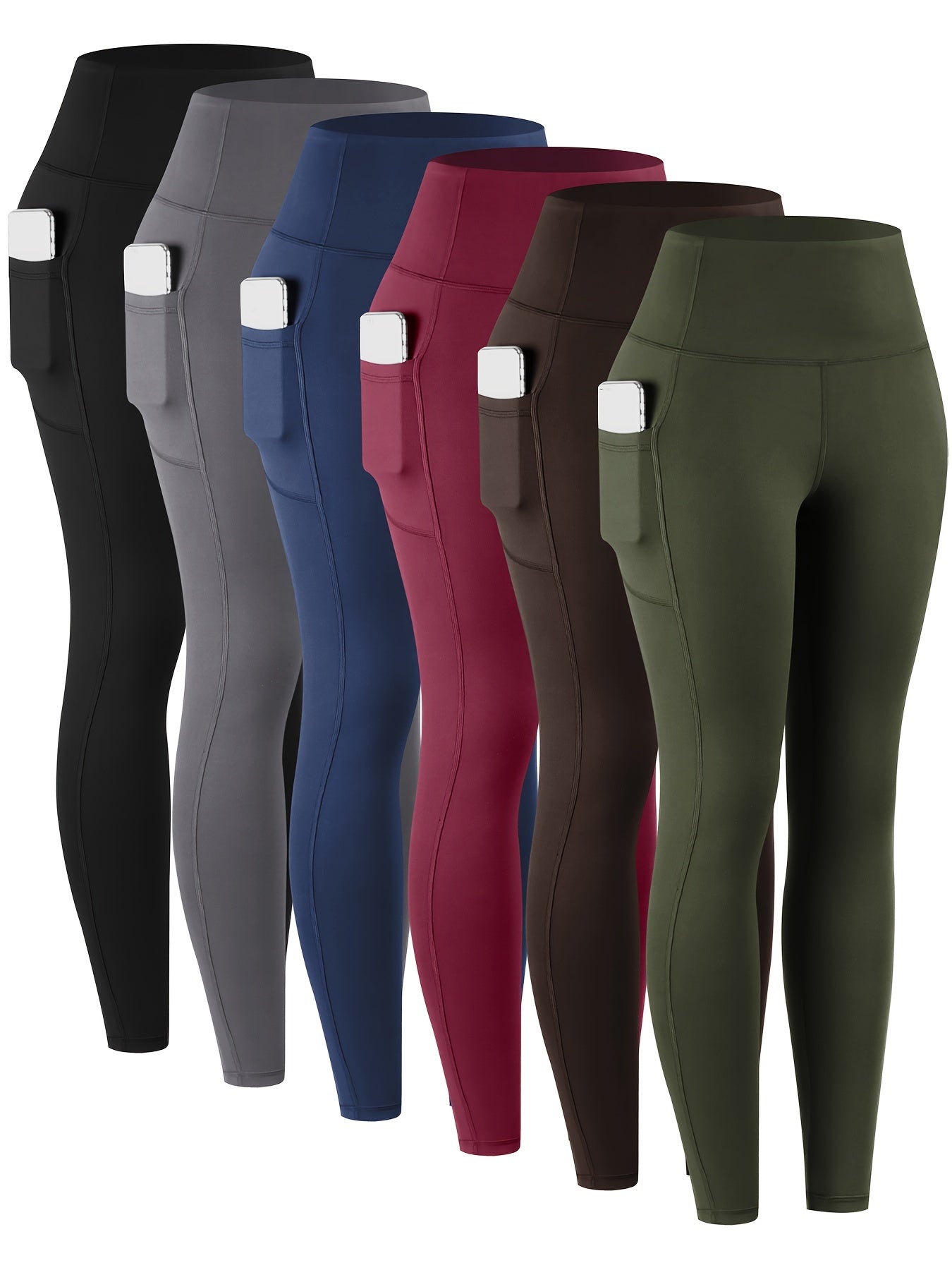 6pcs Women's High-Waisted Leggings - Non-See-Through Pants with Side Pockets, Stretchy All-Season & Casual Pants, Machine Washable Everyday Pants for Women, Leggings for Women, Leggings with Pockets, Womens Leggings, Women Le