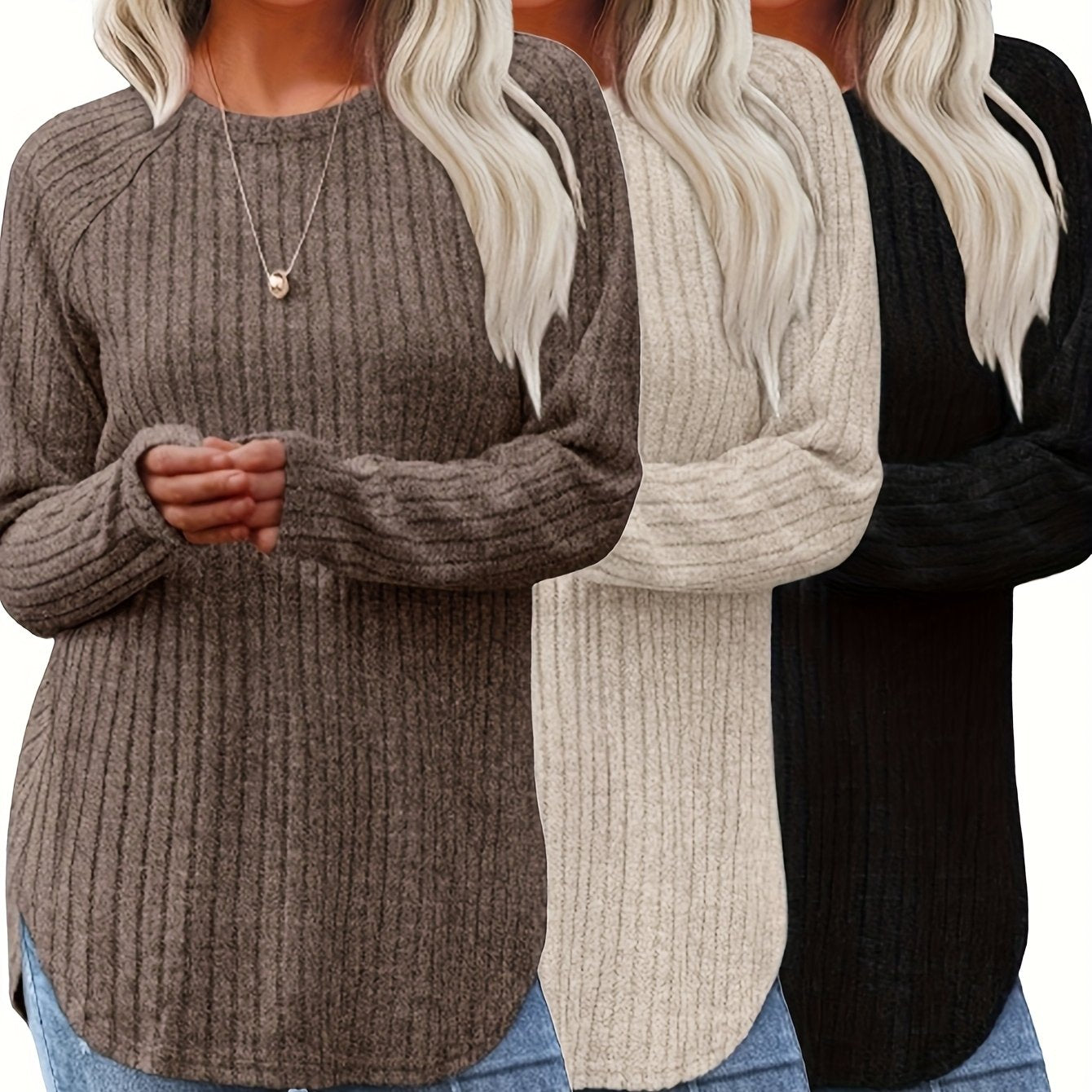 3pcs Women's Casual Loose-Fit Round Neck Long Sleeve Sweaters - Solid Color Machine Washable All-Season Tops in Brown/Beige/Black, Cute Sweaters