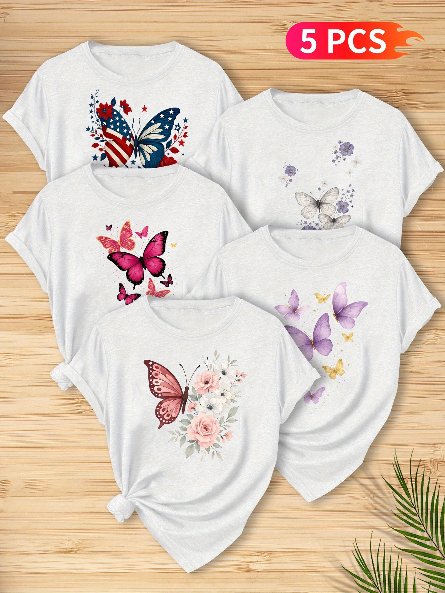 5pcs Women'S Butterfly Print T-Shirts - Vibrant Round Neck Short Sleeve Tops with Floral & Butterfly Designs, Stretchy Casual Summer Tees for Casual Attire, Ladies T Shirts