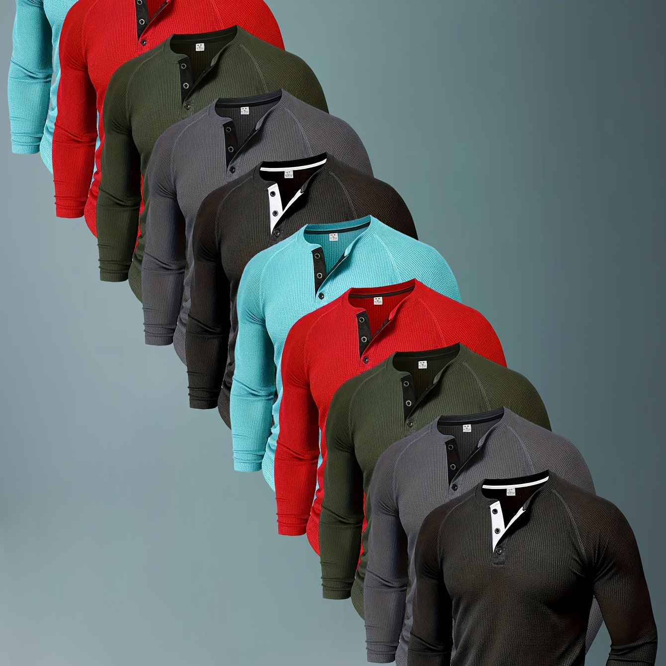 10pcs Men'S Solid Color Henry Shirt with Round Neck And Half Button, Long Sleeve for Spring And Autumn Outdoor Activities ZLT805, Outdoor Clothing, Casual Wear, Classic Collar, Relaxed Fit, Breathable Fabric, Easy Care, Butto