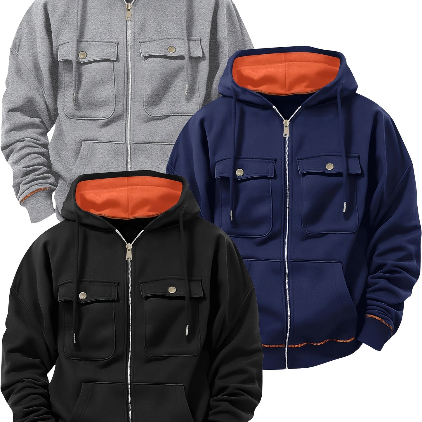 (Three-piece Set) Men's Fashion Classic Casual Trend Fitness Multi-pocket Hooded Drawstring Solid Color Zipper Cardigan Sweatshirt Three-piece Set