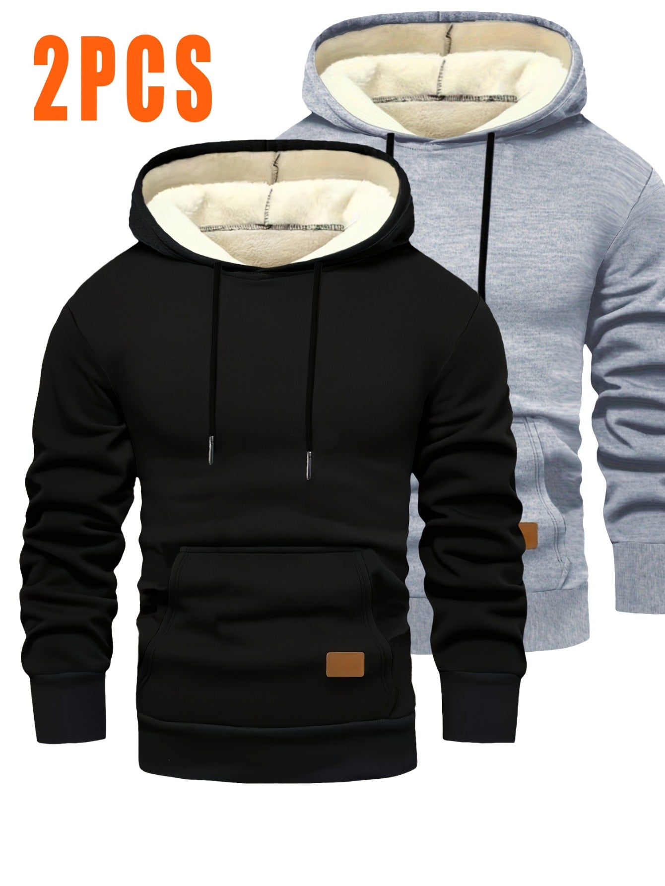 2pcs Men'S Hooded Sweaters - Pullover Hoodies with Kangaroo Pocket, Machine Washable Loose Fit Casual & Formal Wear, Black & Grey/White Solid Color Layering Essentials for Autumn/Winter, Warm Full-Zip Hooded Sweater for Daily