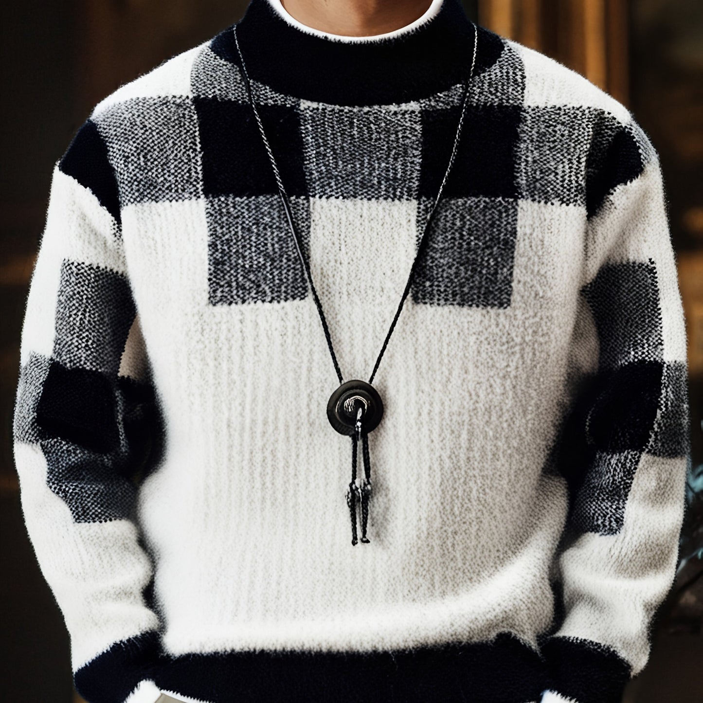 Men's Slim Fit Winter Warm Plaid Sweater - Thick Knit Round Neck Long Sleeve, Black White Gray Brown Beige Checkered Pattern, Casual to Formal Outfits, Durable Cozy Sweater for Men, Trendy Layering Piece with Color-Blocked De