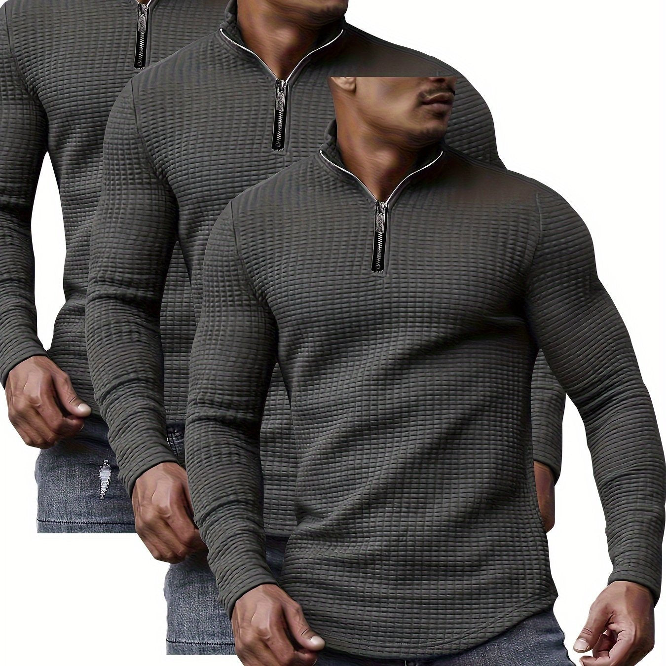 3pcs Men's Waffle Knit Zip-Up Collar Sweatshirts - Solid Color, Stretch Fabric, Machine Washable for Spring, Fall, and Winter