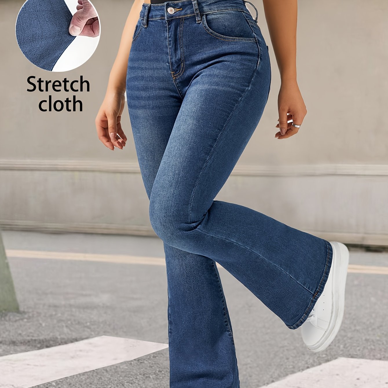 Fashionable And Versatile Blue High-Waisted Stretchy Flared Pants for Women with Cat Whiskers Design.