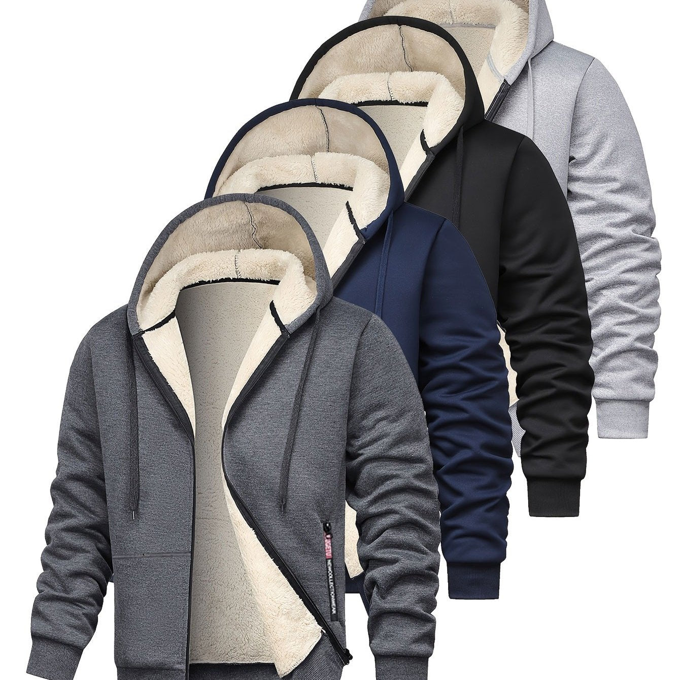 Men's solid color fleece hooded sweatshirt with thick warm fleece lining for winter, loose casual sports jacket in black, light gray, dark gray, and navy blue