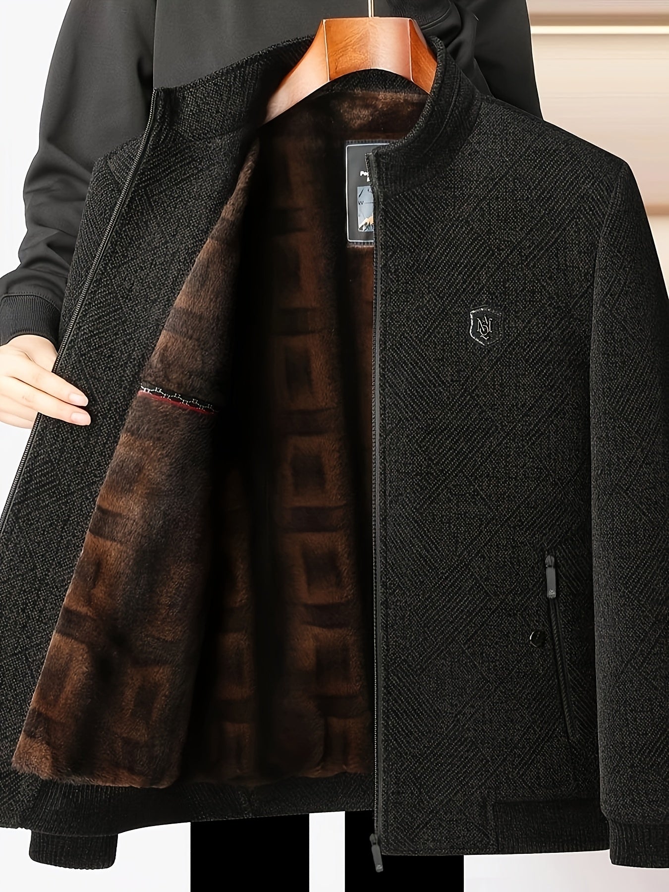 [OBM Winter Coat for Mature Men] Lisen Men's Winter Luxury Plush Jacket - Full-Zip Stand Collar Coat, Black/Brown/Beige Interior, Golden-Tone Logo, Hand Washable Soft Outerwear for Cold Weather & Formal/Casual