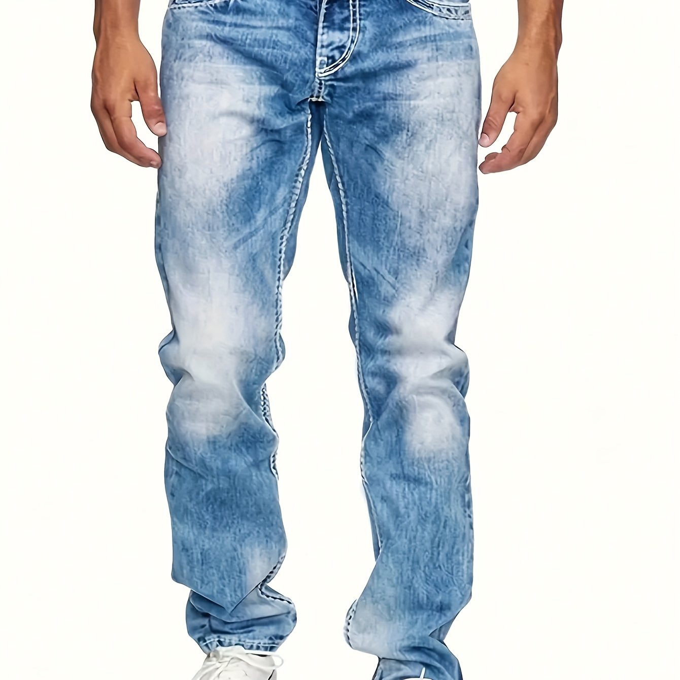 HME Men'S Stretch Slim-Fit Faux Denim - Y2K Style Light Wash Blue Distressed Look, Straight Leg Relaxed Office & Everyday Faux Denim with Built-In Zipper Closure, All-Season Comfort Stretch Fabric, Casual to Semi-Formal Wear,