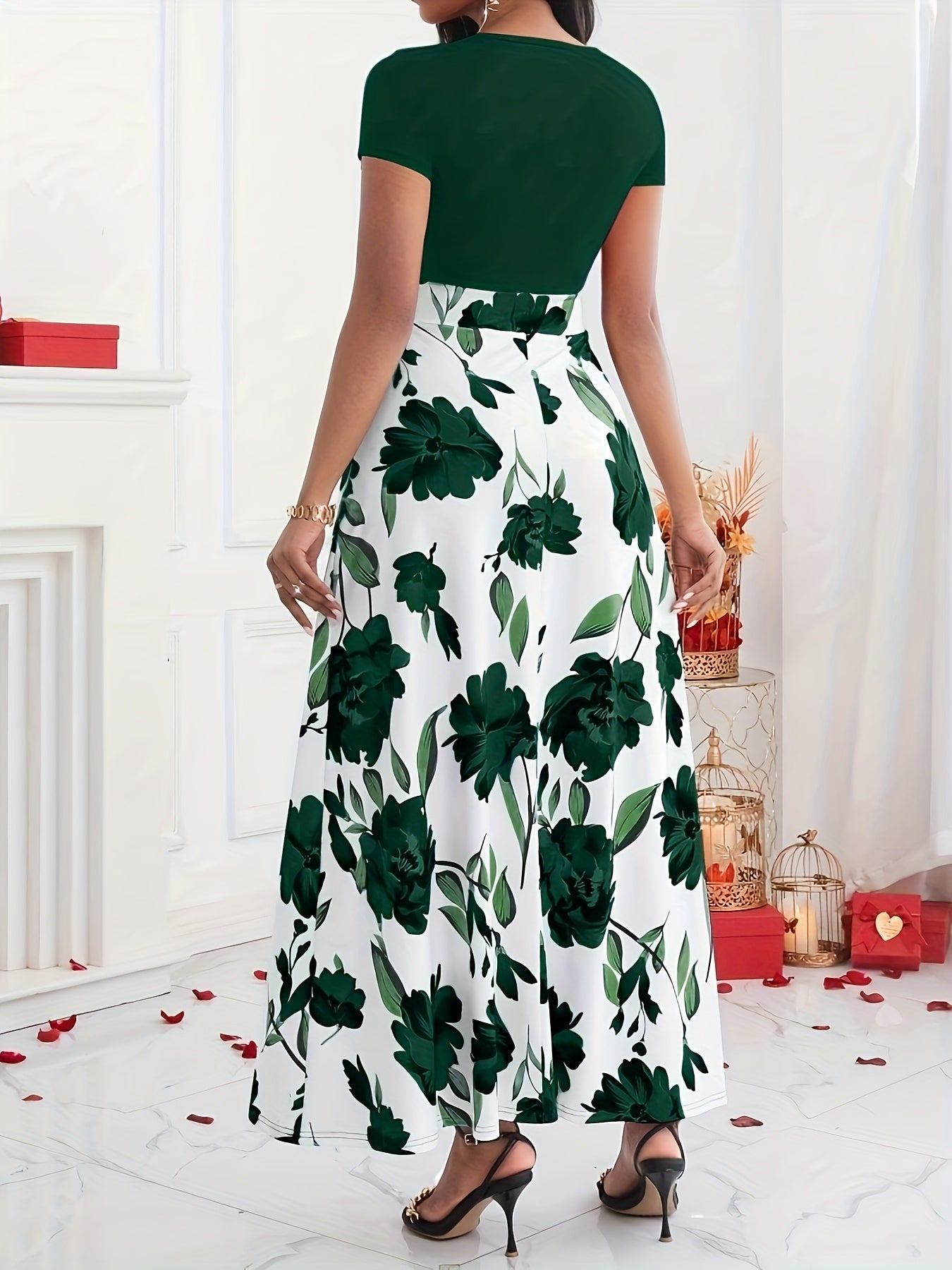 Elegant Women's Floral Print Maxi Dress - Short Sleeve Round Neck High-Waisted Black & Green Floral Pattern, Machine Washable Spring/Summer Formal Event Attire, Sophisticated Design, Floral Print Dress, Spring Summer Outfit,