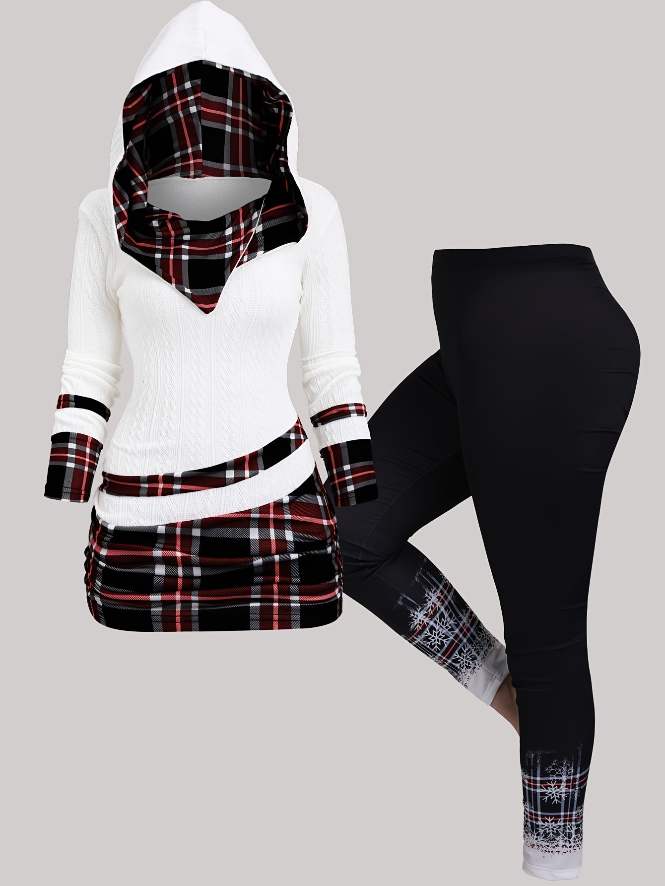Plaid Texture Twill Patchwork Asymmetrical Collar Pleated Hooded Suit