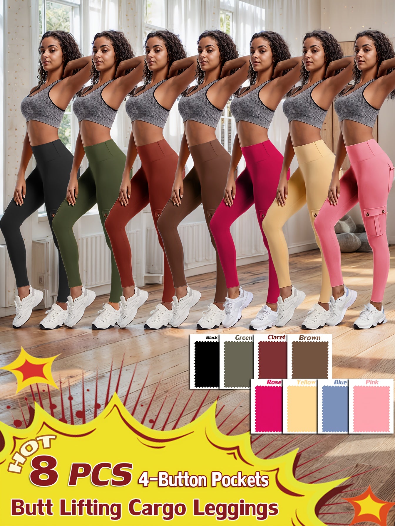 8-pack High Waist Yoga Leggings, 8pcs Leggings Set, 4 Way Stretch, Butt Lifting Tummy Control, 4 Button Pockets Workout Running Sports Pants