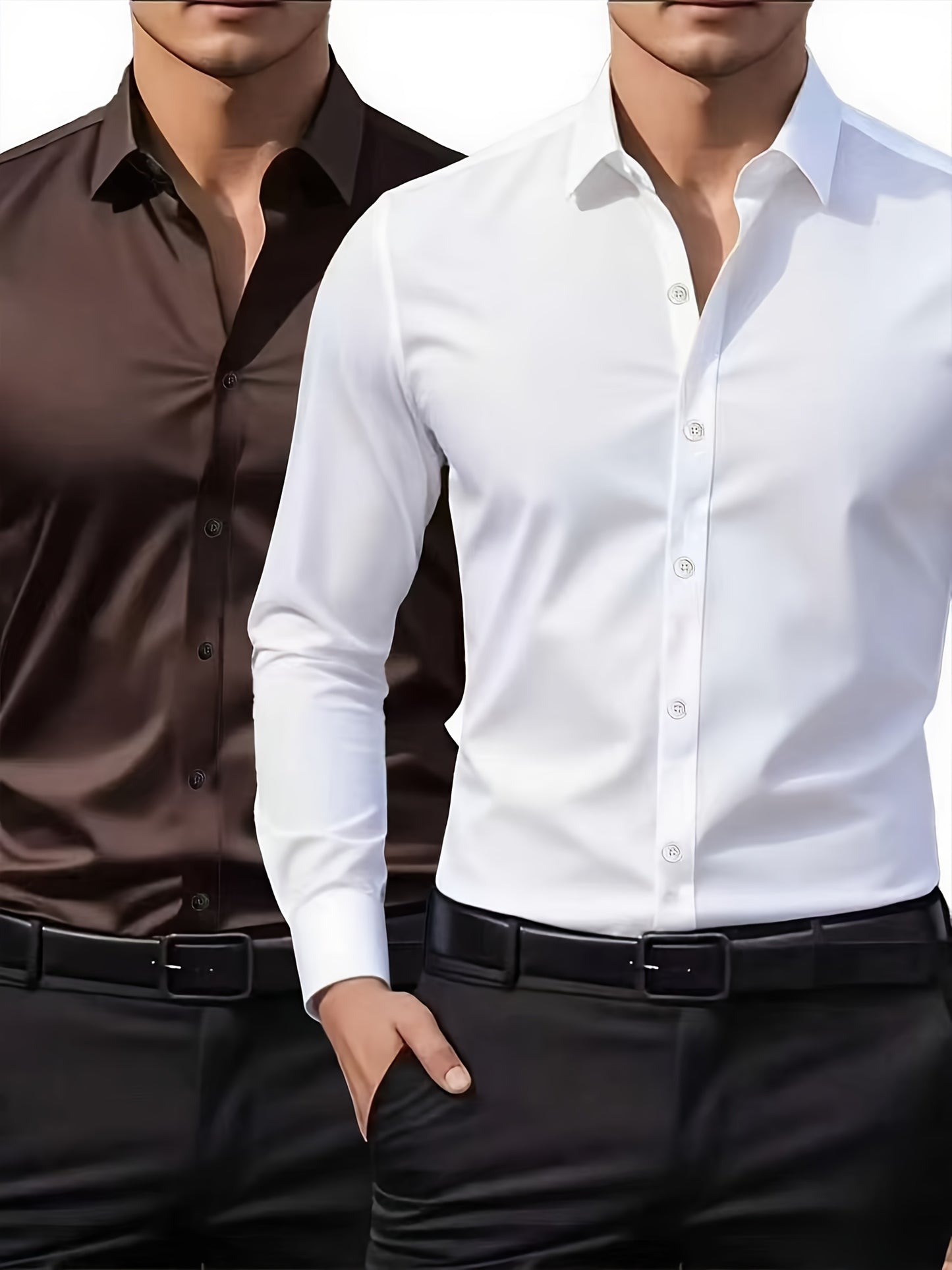 Men'S Formal & Business Casual Long Sleeve Shirt - Classic Point Collar Button-Up Blouse, Loose Fit Non-Stretch Fabric, All-Season Office & Everyday Formal Attire in Classic Colors (White, Brown, Black) - Easy Care Profession